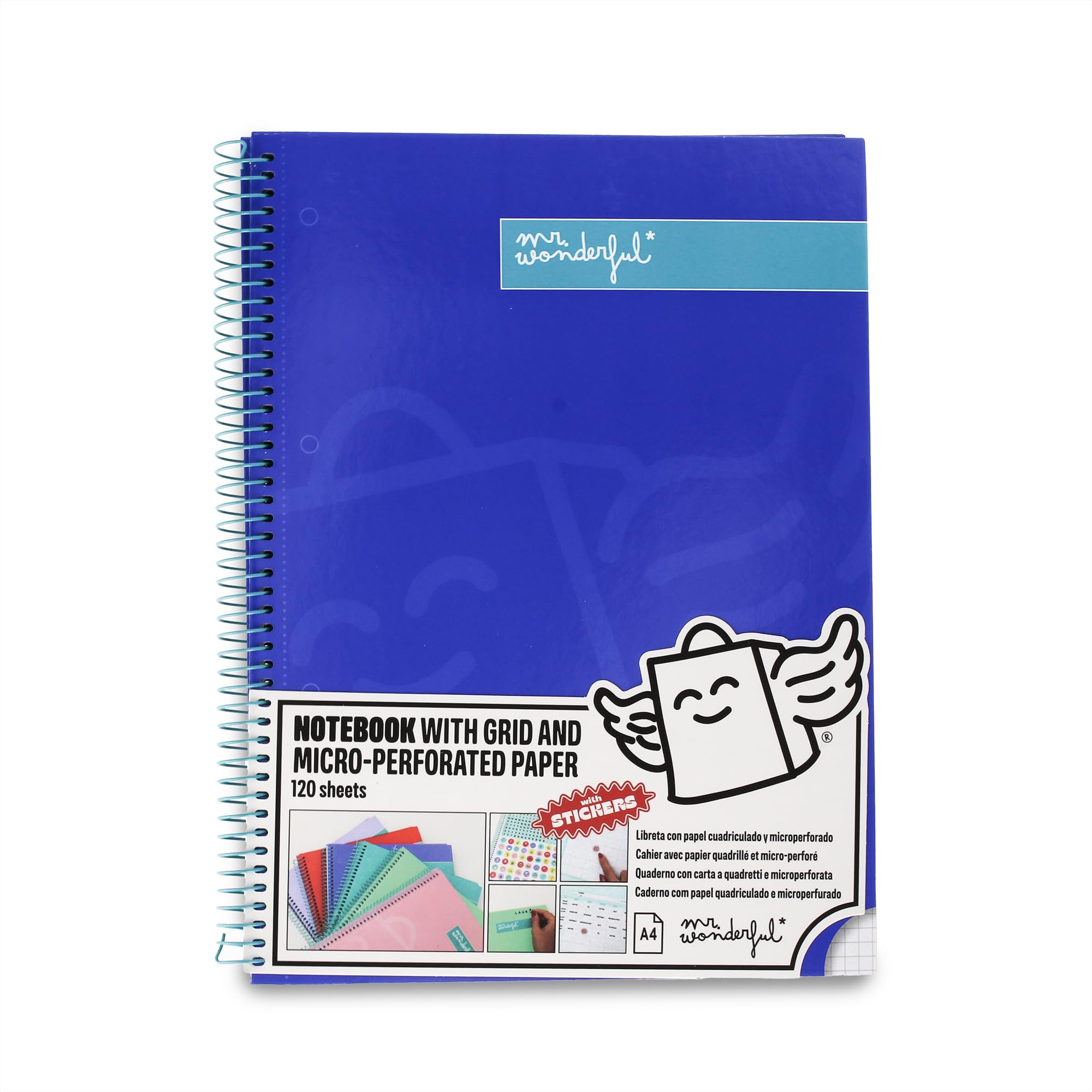 Mr. Wonderful - Notebook A4 Blue - 240 micro-perforated squared pages - Extra hard cover - Spiral Binding- Includes stickers