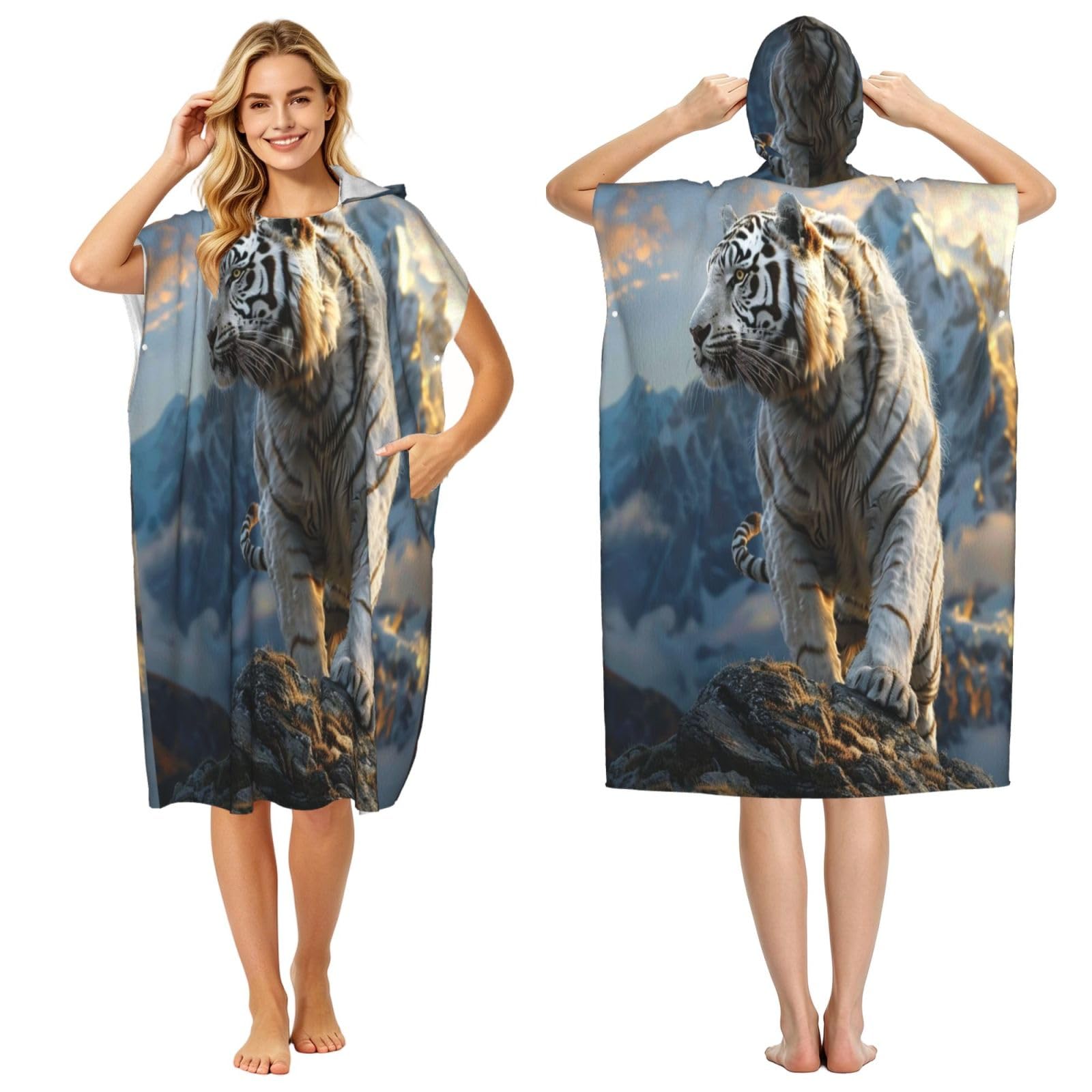 DTHKJNLSF White Tiger Adult Hooded Beach Poncho Towel