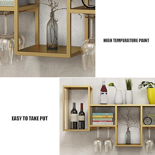 Miniatura 6 de QQXX Estante de vino dorado montado en la pared con soporte de cristal soporte de vino colgante de metal estante de almacenamiento de vino multiusos