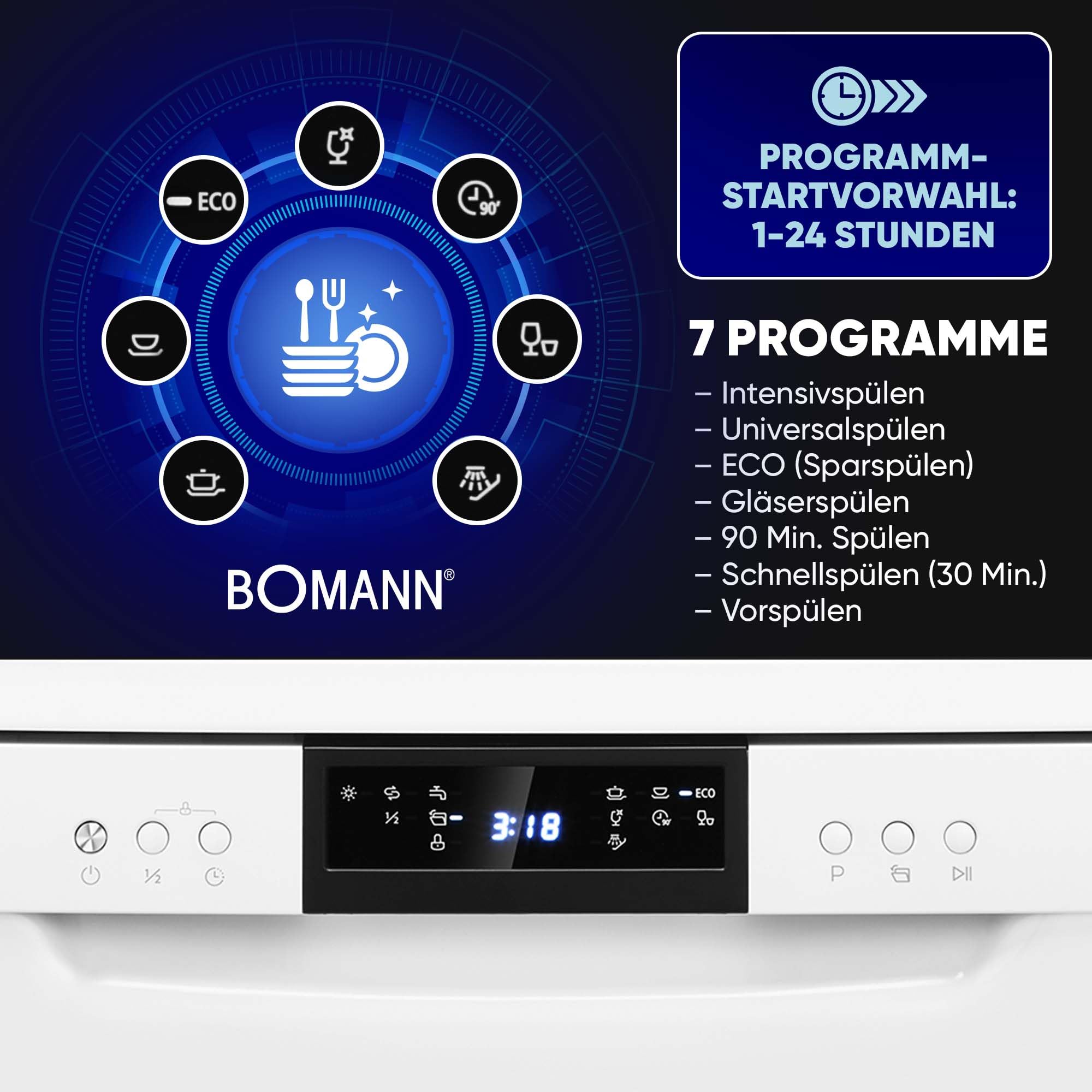 Bomann GSP 7419 Geschirrspüler 60 cm 14 Maßgedecke Stand Unterbau 7 Programme 2 Sprühebenen Startvorwahl weiß