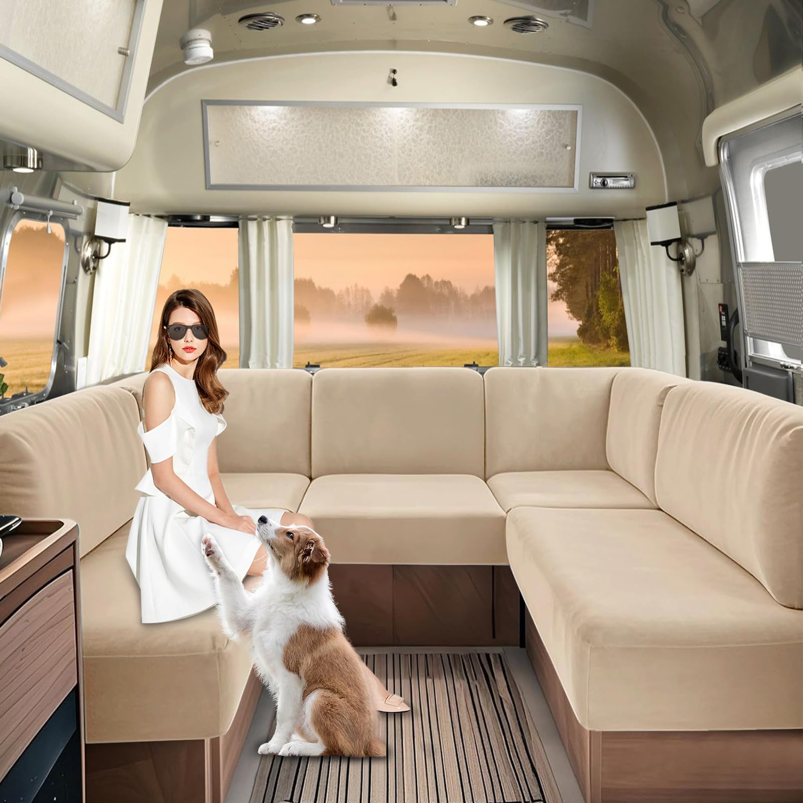 SHUOJIA Caravan Seat Covers Velvet, Motorhome Seat Cover with Elastic-band and Lacing, RV Sofa Cushion Cover for camper Washable（Beige-2-W140-185 cm,D70-95 cm）