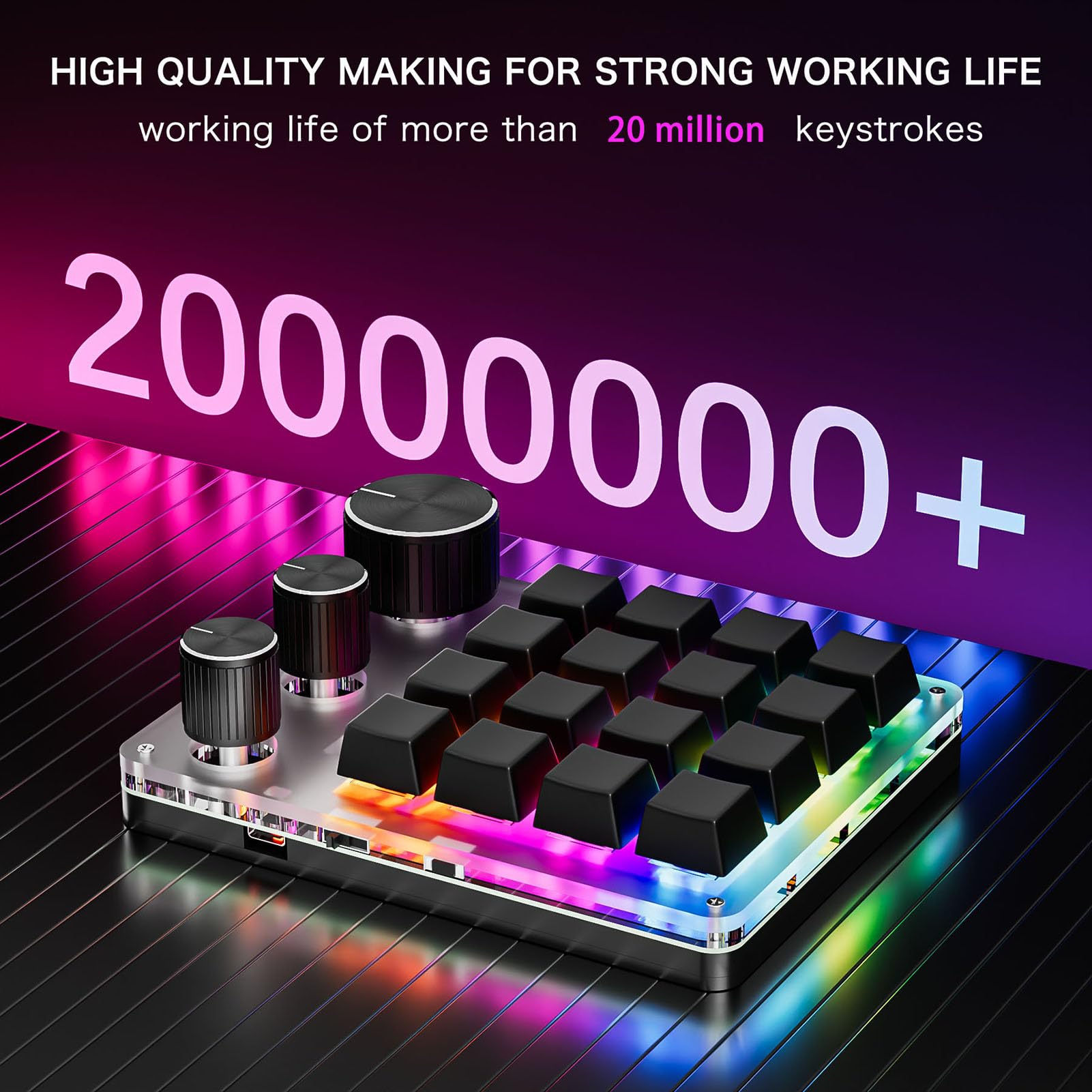 Tosuny Tastiera Macro Programmabile, Tastiera da Gioco Bluetooth a 16 Tasti con 3 Manopole e Controller del Volume, Macro OSU Retroilluminata a LED RGB per Wins, OS X (con (BLACK)
