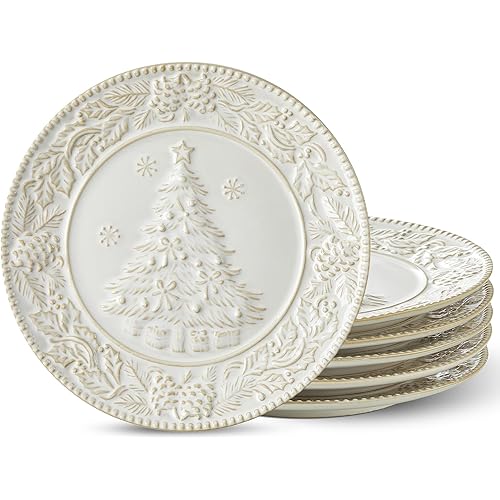 Cream White Christmas Tree Salad Plates, 8 Inch Ceramic Plate Set, Appetizer Dishes for Pasta, Side Dishes, Holiday Treats, Dishwasher & Microwave Safe, Set of 6
