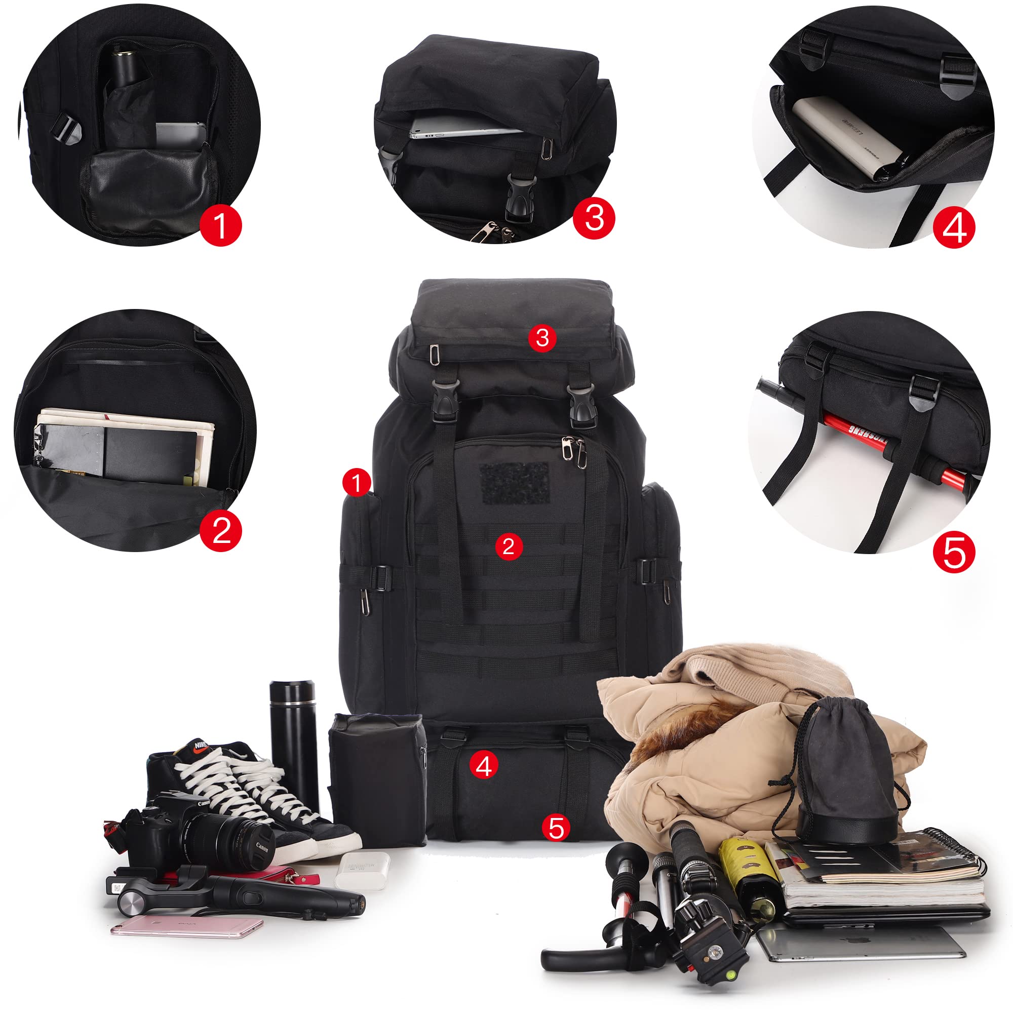 Sac à dos imperméable Molle 70L/100L Sac à dos de randonnée Grand sac à dos pour voyage, Vert kaki