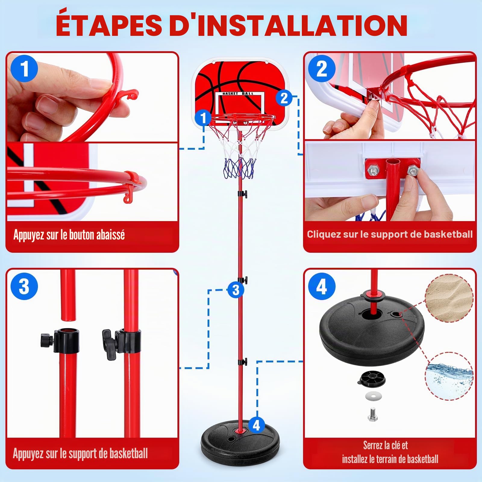 Panier de Basket Réglable en Hauteur 40-140 cm pour Enfants, Support de Basket Miniature Robuste Intérieur et Extérieur, Jouet de Sport avec Panneau Rouge, Panier de Basket Extérieur 3 Ans+