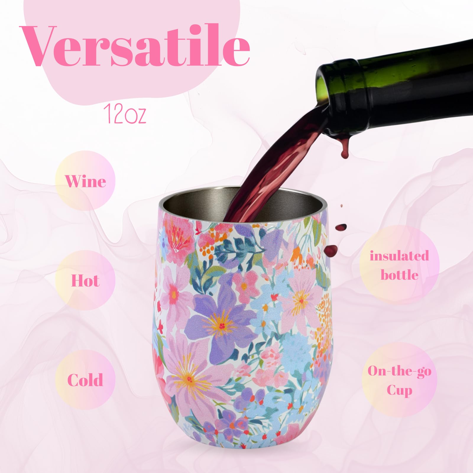 12oz Vacuum Insulated Wine Tumbler, Stainless Steel Flower Cup with Lid, Womens Birthday Friendship Gifts for Friend Coworkers Teacher Sister Girlfriend Her, Mothers Day Gifts for Mom