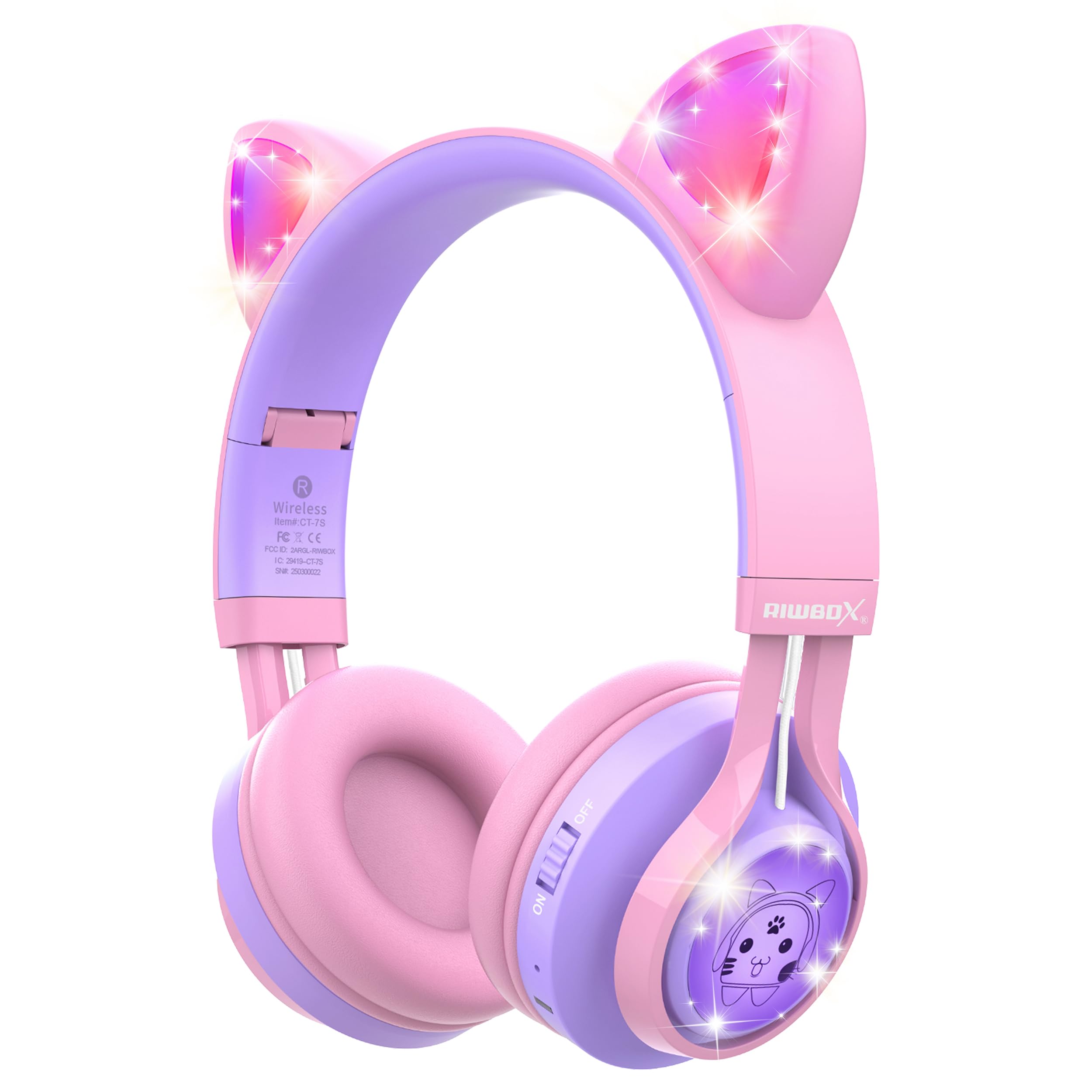 Riwbox Kids Headphones, CT-7S Cat Ear Bluetooth Headphones with LED Light, 85dB Volume Limiting, Over Ear with Microphone for Laptop/PC/TV (Pink&