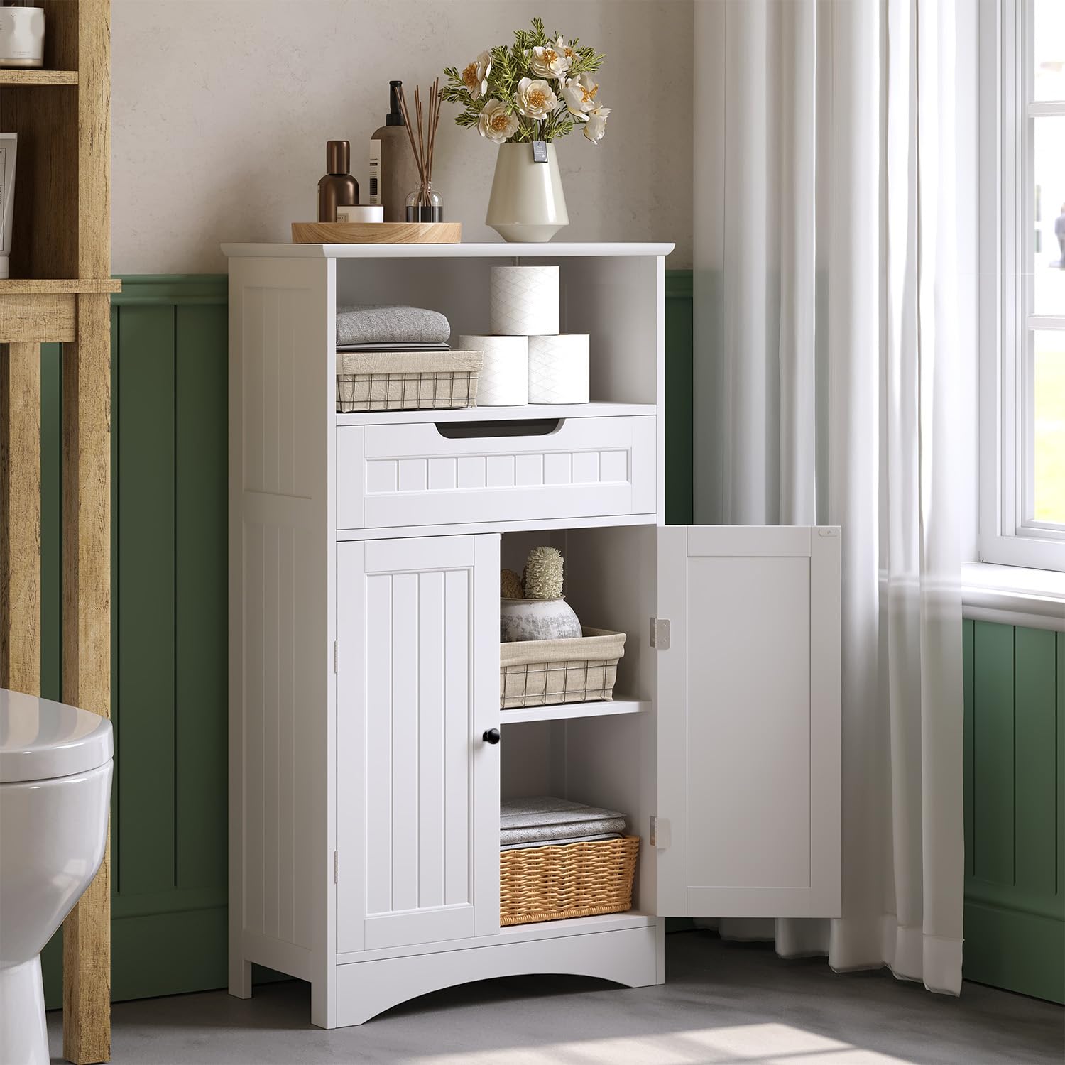 Mueble de baño, Mueble de baño con 1 Estante Abierto, 1 cajón y 1 Estante Ajustable, para baño, salón, Comedor, 60 x 30 x 170 cm (Blanco)
