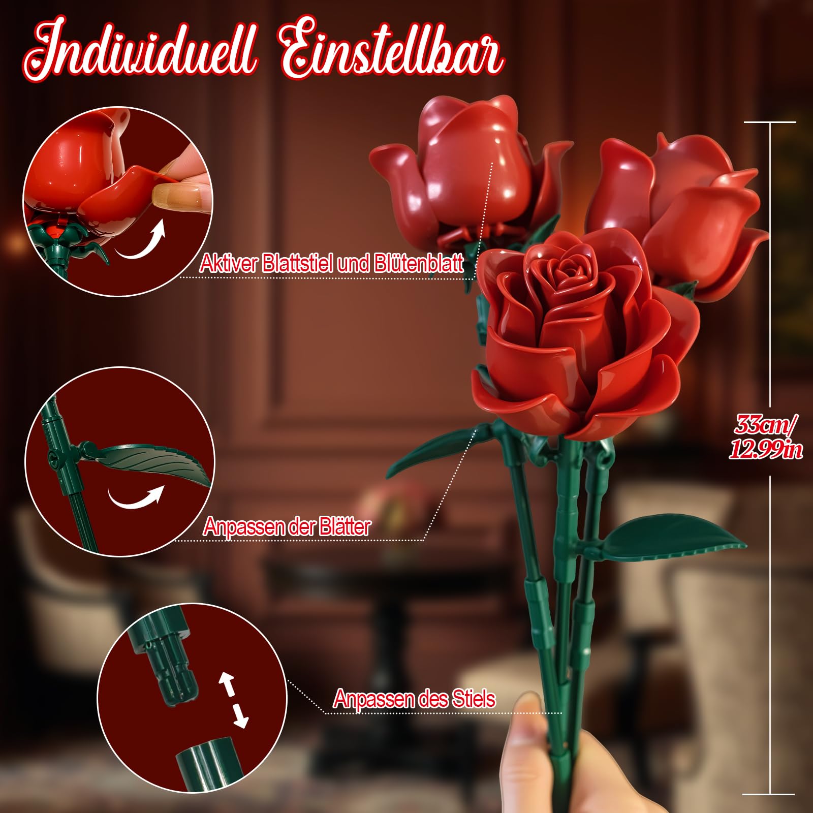Rot Rosenstrauß Bausatz, 12 Künstliche Rosen Klemmbausteine Blumen (546PCS) | Geschenk für Ihn Sie zum Valentinstag, Botanicals Blumenstrauß, Geschenk für Geburtstag, Jahrestag, Muttertag, Heimdekoration