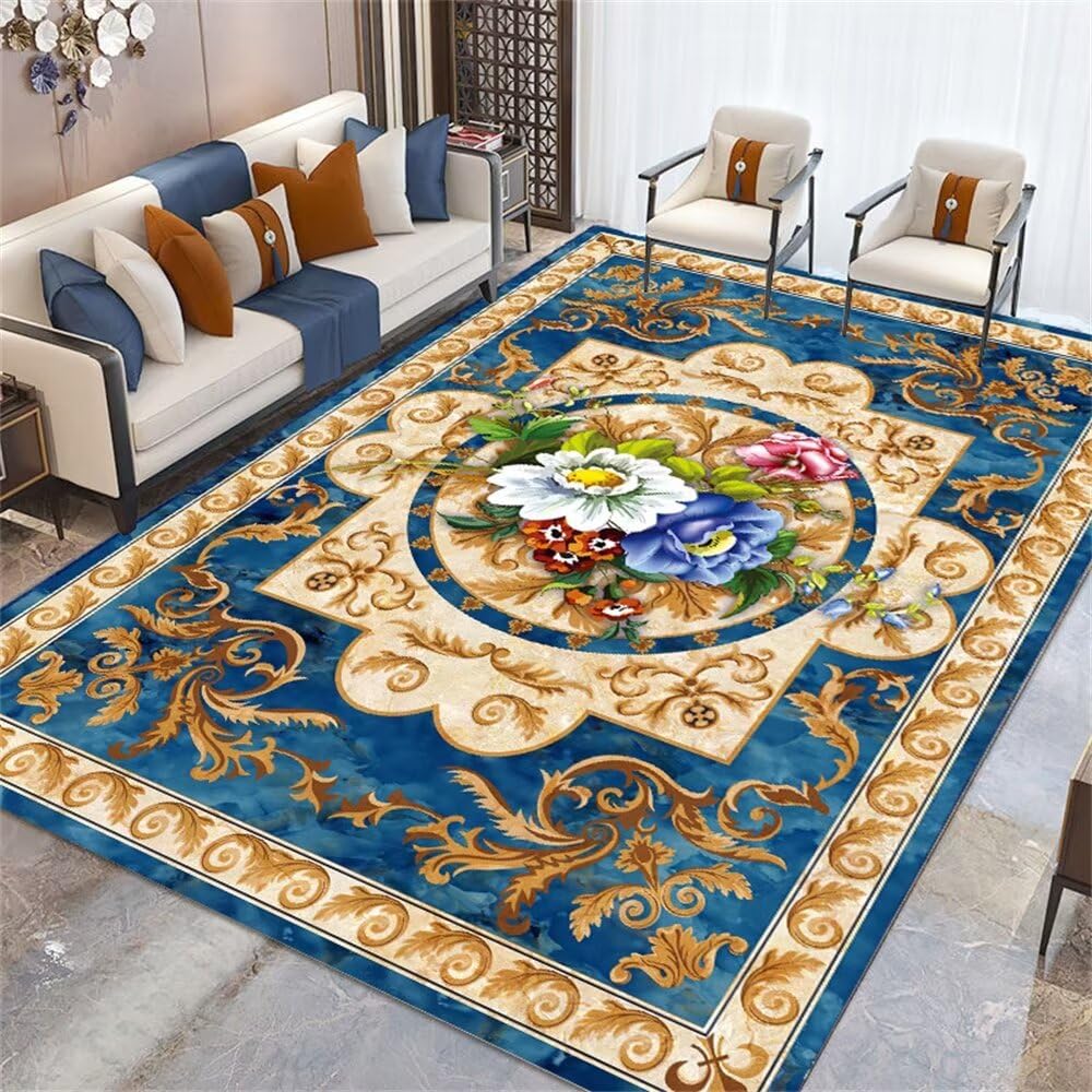 Tapis absorbant et facile à entretenir 200x260cm grand motif bleu de salon