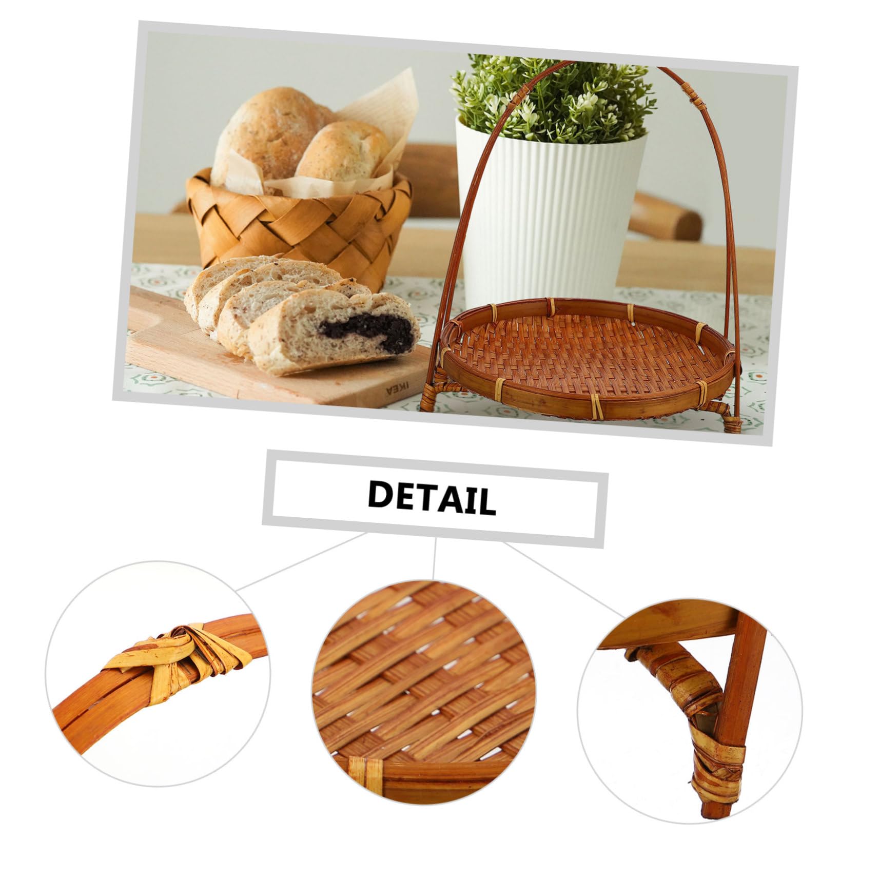 GRIRIW 3pcs Snack Stand Rattan Serving Tray Serving Basket Tray Picnic Fruit Basket Rustic Bread Baskets Woven Basket Food Trays Basket with Handle Weaving Light Brown
