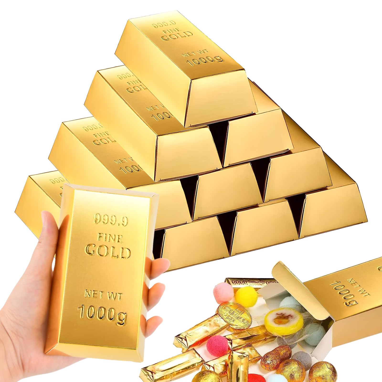 24 Pcs Foldable Simulated Gold Brick Candy Boxes, Party Treasure Fake Gold Bar Sweet Box Themed Party Favor Gift Supplies Decoration Simulated Foil Golden Treat For Favors, Goodie Bags, Toys