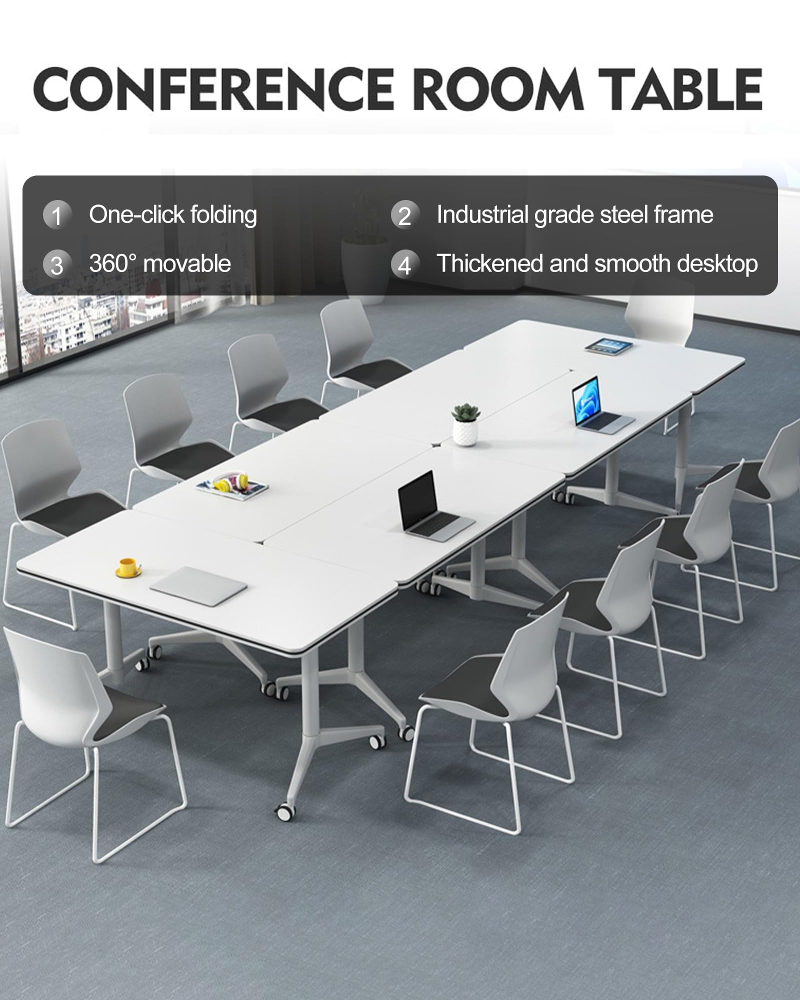 Mobiler Konferenztisch für Büros und Klassenzimmer, groß, rechteckig, Meeting-Seminartisch mit Rollen, ideal für Konferenzräume und Trainingsräume, Set mit 4 Tischen in Weiß, 120 x 50 cm