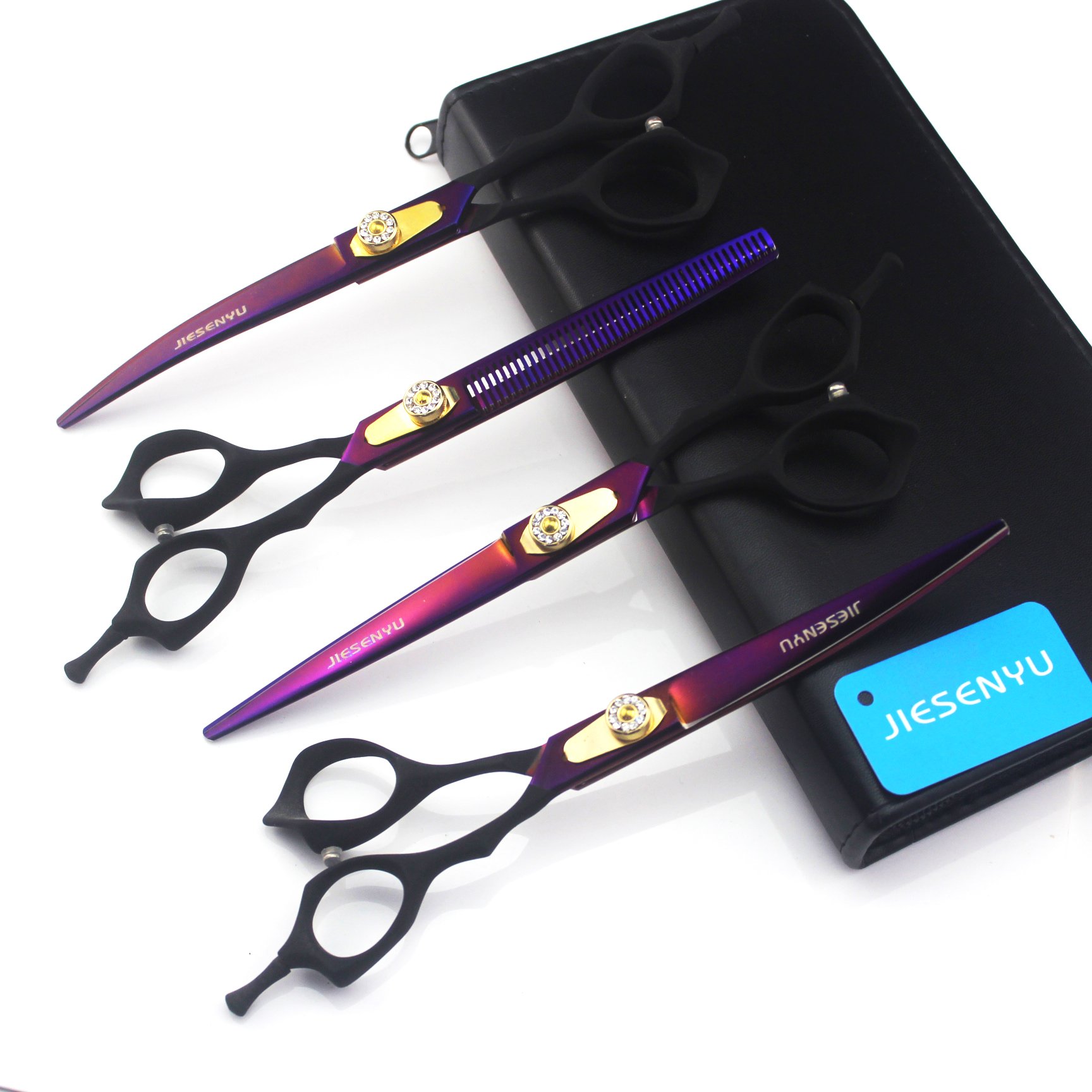 Jiesenyu Purple 7.0 In. Pro Pet Grooming Scissors Sharp Edges Cutting +2Curved + Thinning Scissors 4 Pcs Set For Dog Grooming (Purple)