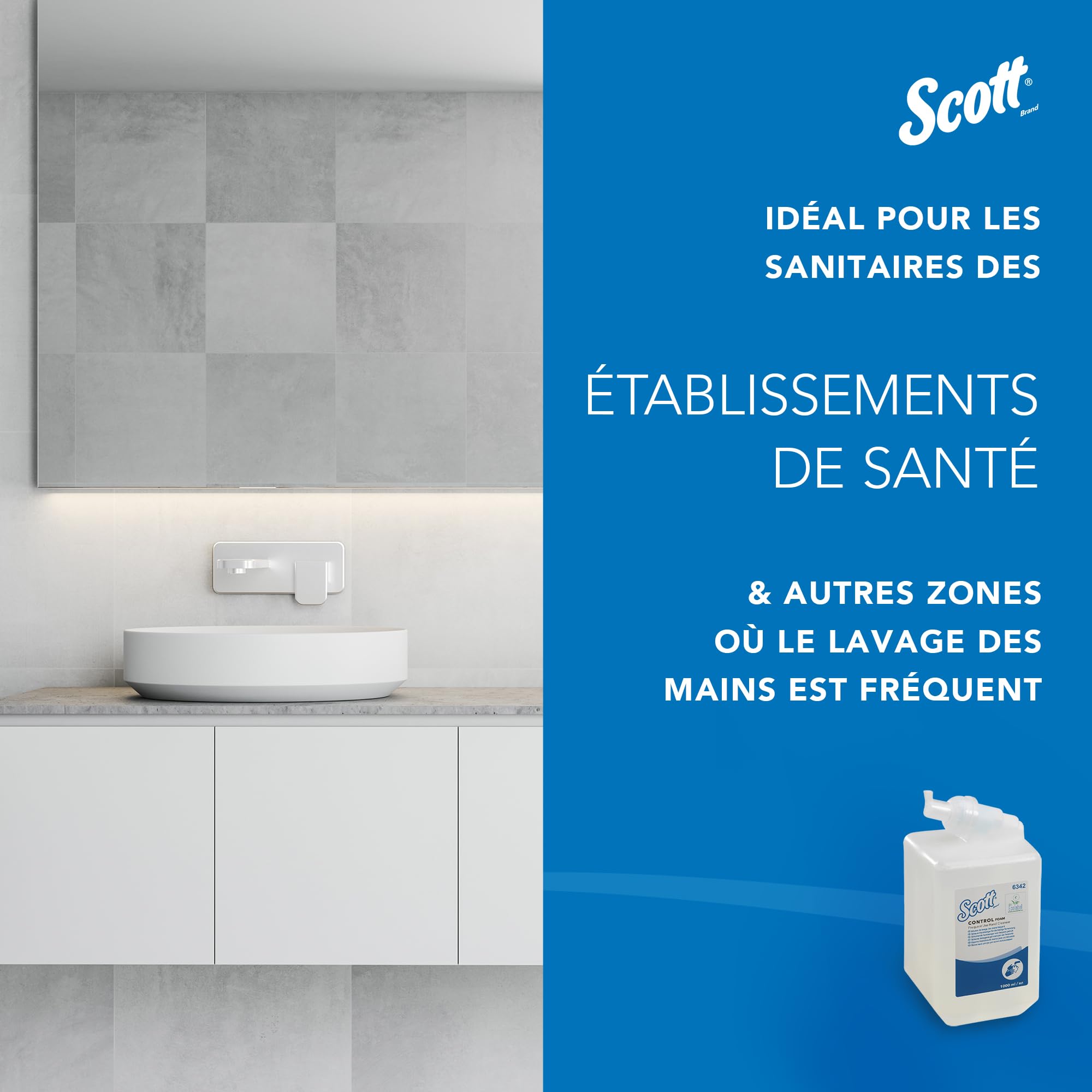 Scott Control savon mousse pour les mains pour un usage fréquent 6342 - Savon mousse non parfumé pour les mains - 6 recharges x 1 litre de Savon mousse transparent pour les mains (6 litres au total)