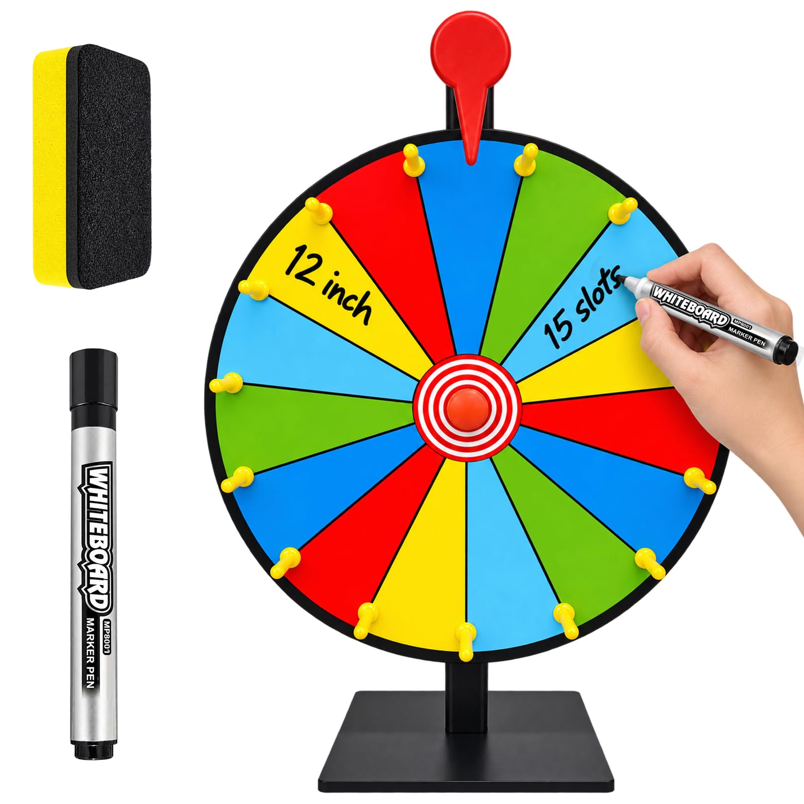 Abaigeal 12 Inch Heavy Duty Spinning Prize Wheel with Base Stand, 15 Slots Tabletop Spin Wheel Spinner with Dry Erase Markers and Eraser for Classroom Trade Show Party