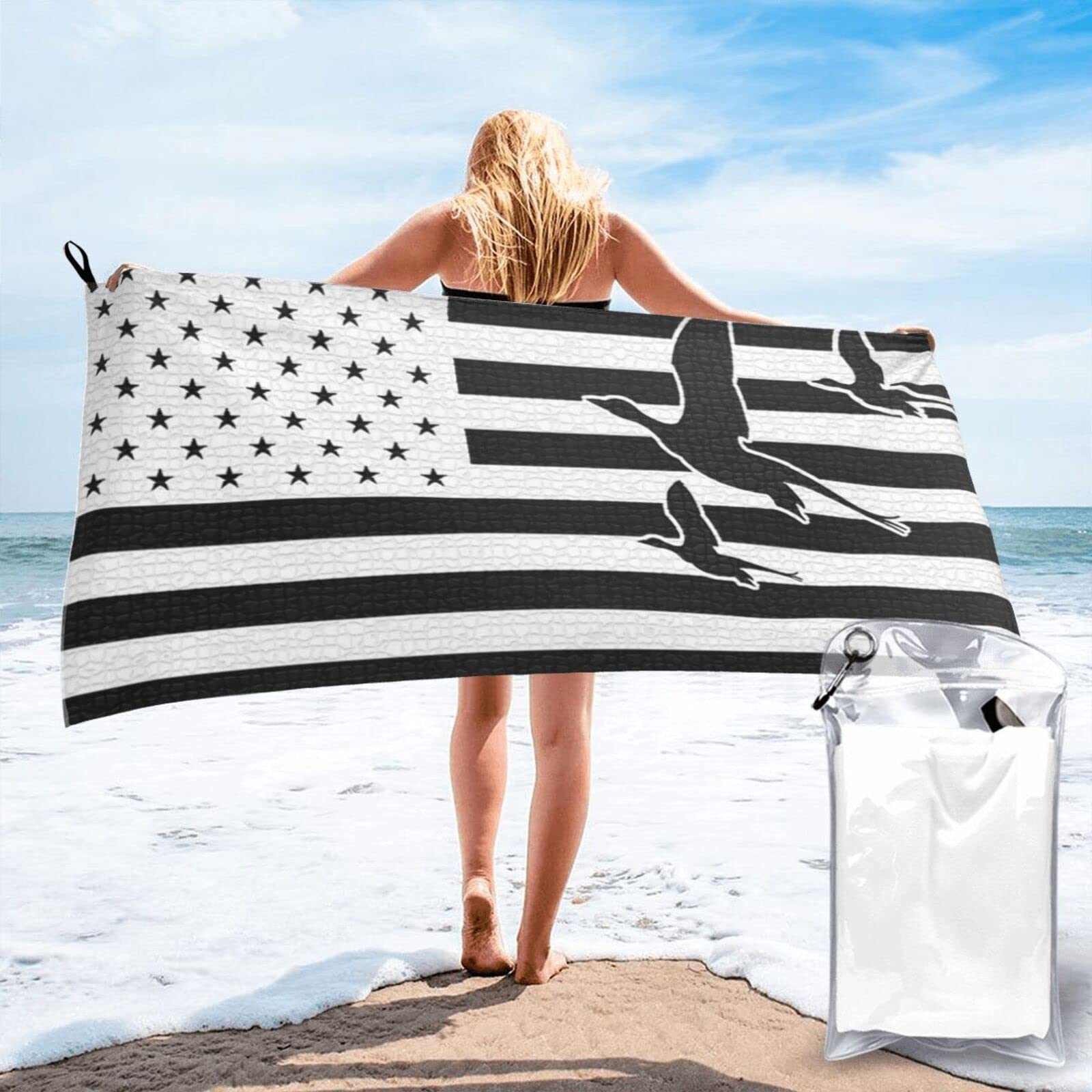 Lawenp Duck Hunting American Flag Microfiber Beach Towel Adults Large Quick Drying Bath Towel Travel Towels with Pouch 27.5"x55"