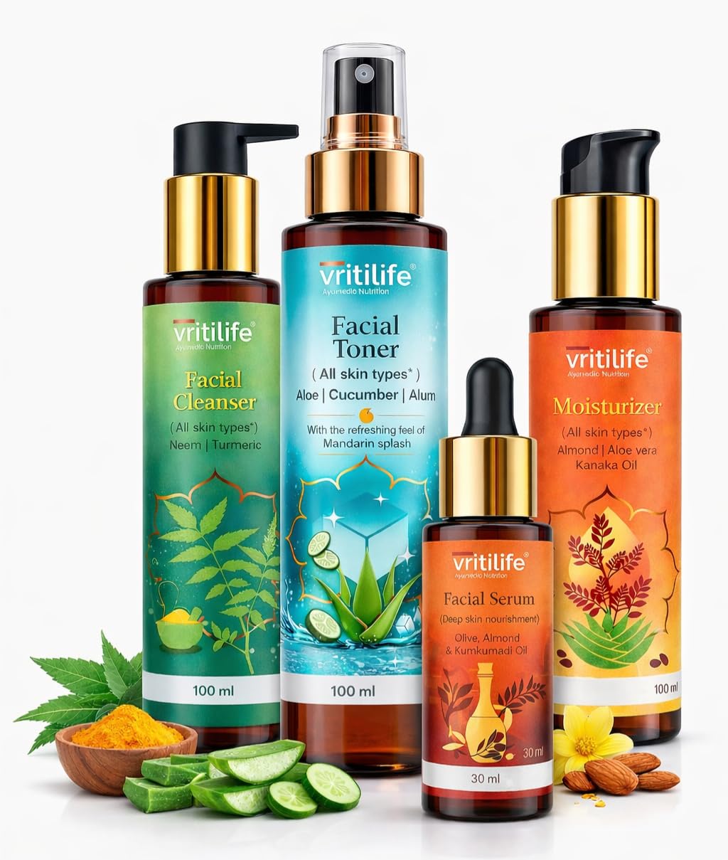 Facial Care Kit, Cleanser with Neem & Turmeric, Moisturizer with Aloe Vera, Toner with Aloe & Cucumber, Serum with Kumkumadi Oil, 4 Pieces-picture-28