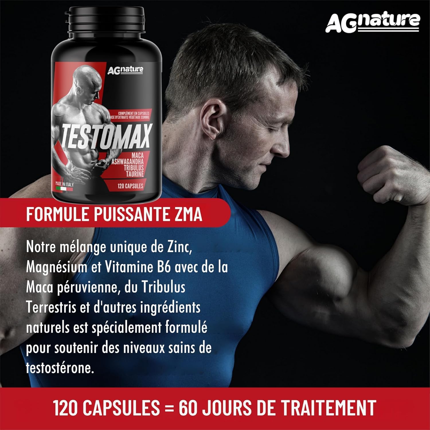 AG nature Testosterone Homme Fort pour Musculation 120 Pilule | Complément Alimentaire Puissant avec Tribulus Terrestris Maca Ginseng Gingembre Zinc