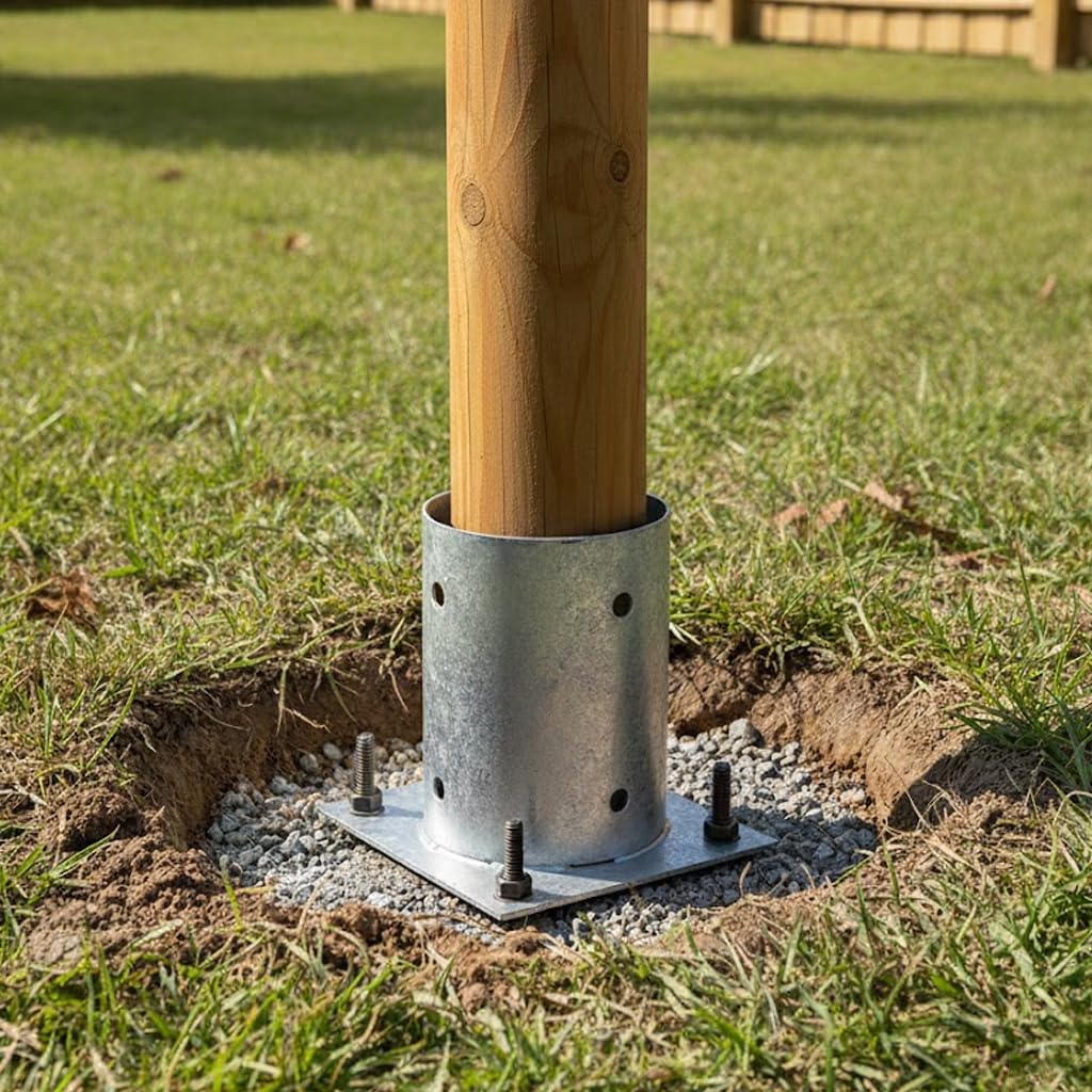 Suinga Base para Poste 10 cm Zincada Acero | Pack 5 Soportes para Postes de Madera Redondos para Anclaje en Suelo | Escuadras Metalicas de Altura 15 cm para Fijacion de Vallas, Vigas Madera