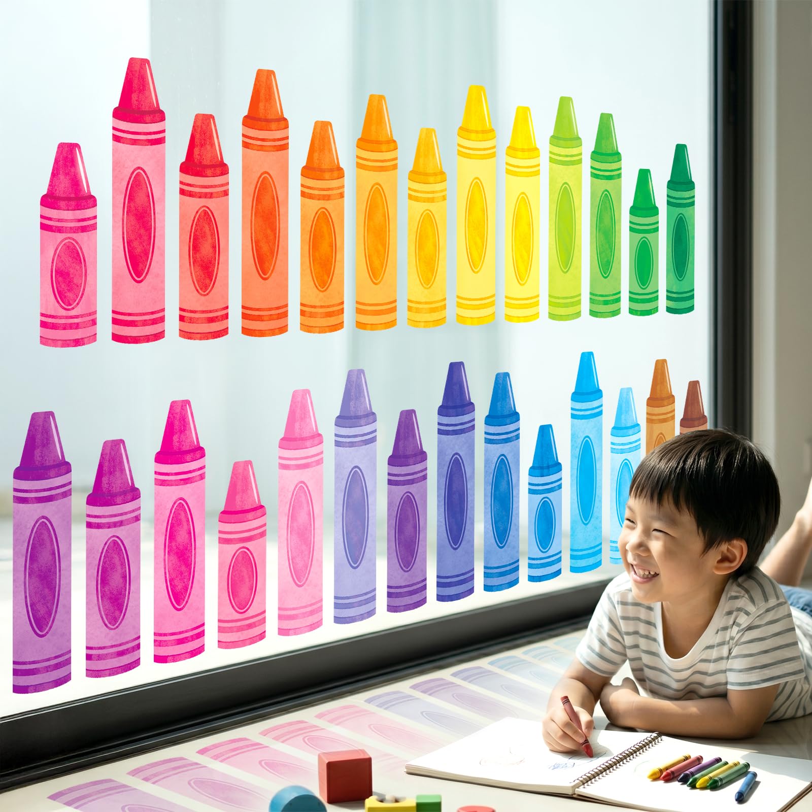 Decowall Crayon Colour Window Clings - Double-Sided Pencil Window Stickers For Kids Bedroom, Playroom, Nursery & Classroom Décor (Cds9-9007)