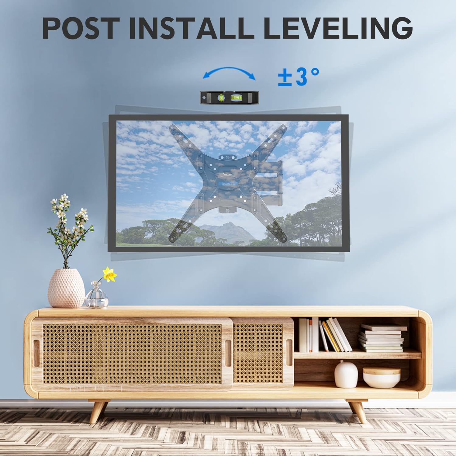 Illustration of a TV mounted with the MOUNTUP MU0014, demonstrating its viewing flexibility with tilt from +5 to -15 degrees and swivel of +/- 45 degrees.