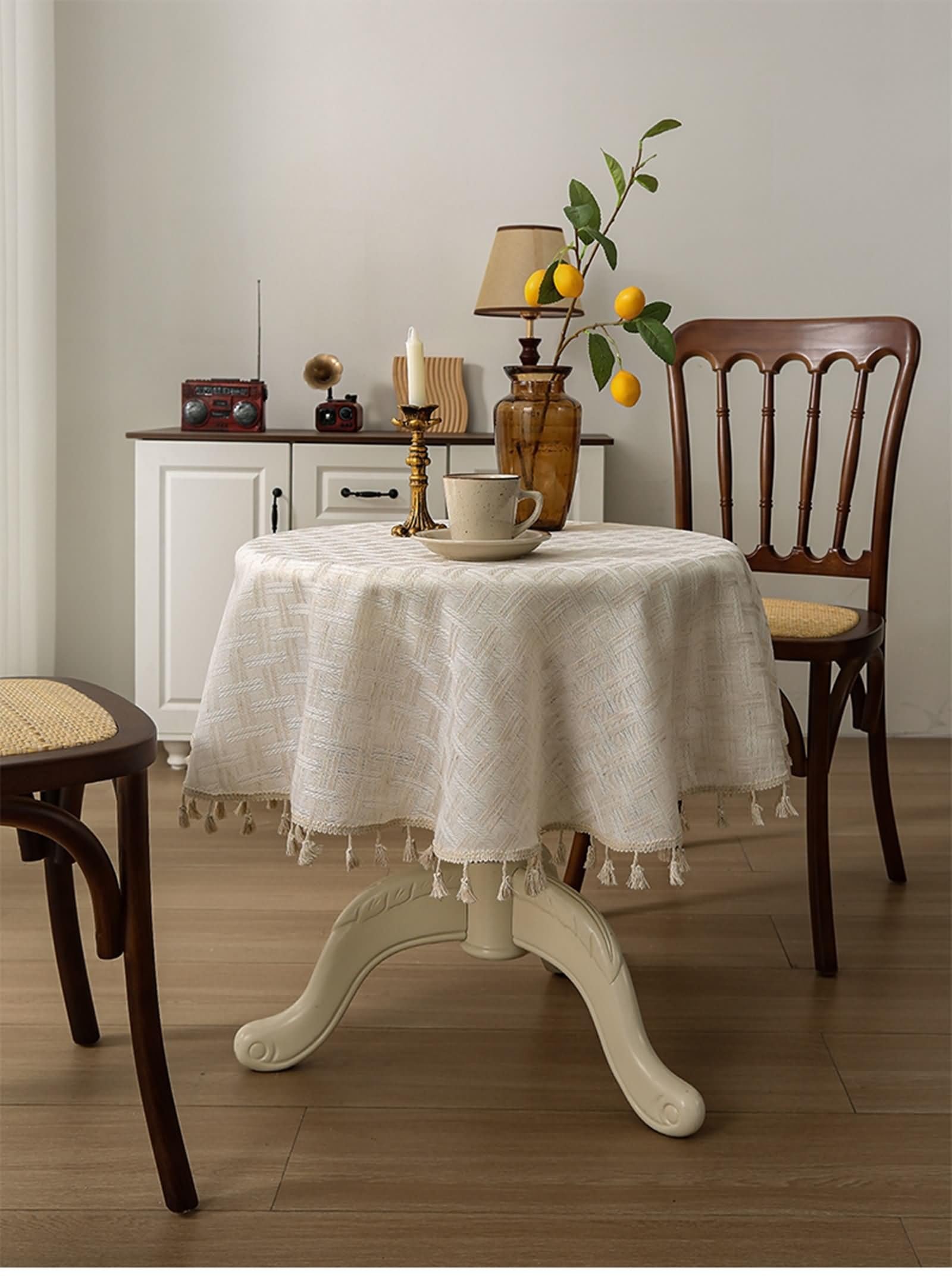 Manteles Comedor, 140 x 260 cm, Beige, Rectangular, Mantel Poliéster Color Liso con Borlas