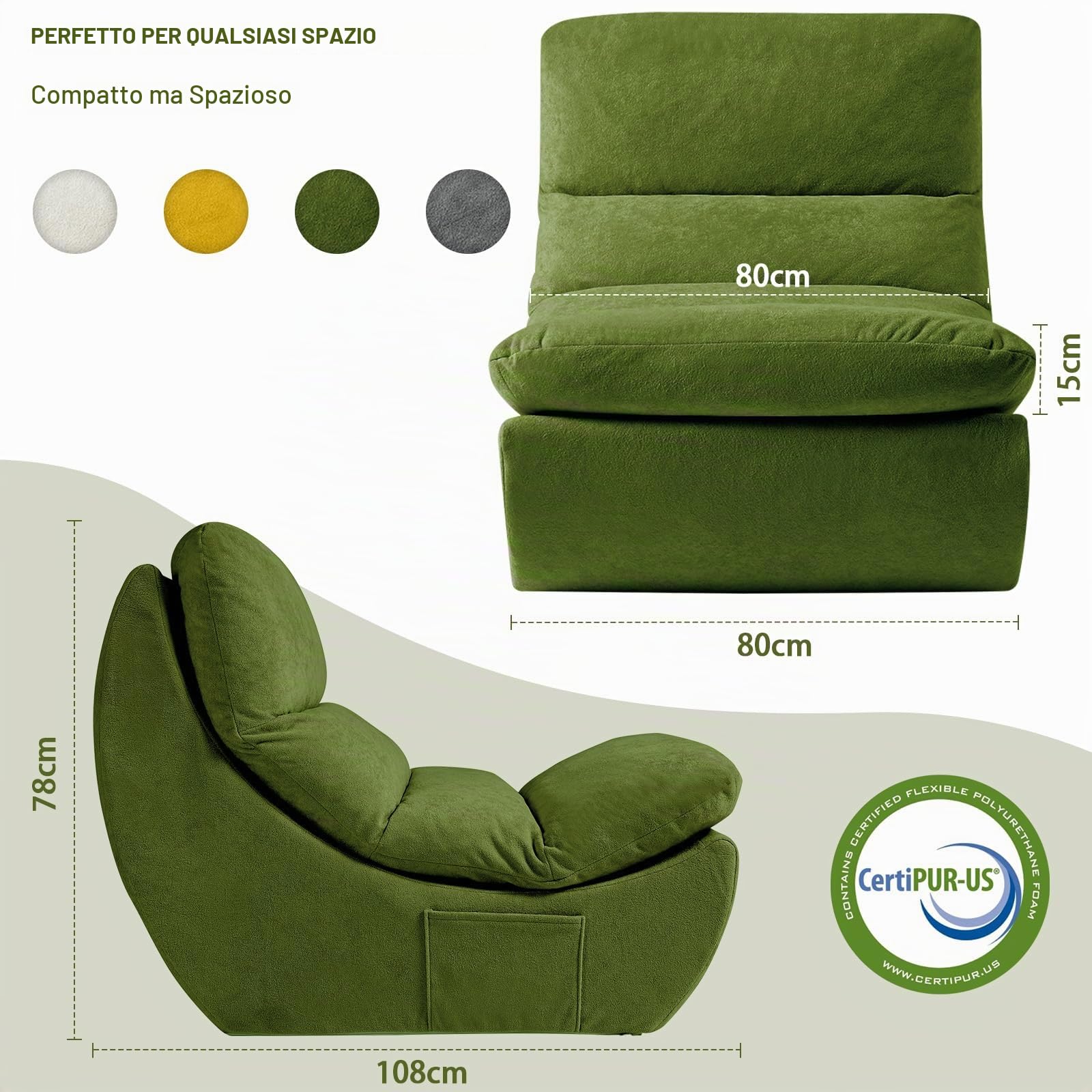 Pouf a sacco senza ossa, sedia da lettura, bean bag, memory foam, divano a 1 posto, divano lazy per leggere, soggiorno e camera da letto, nessun montaggio necessario, verde