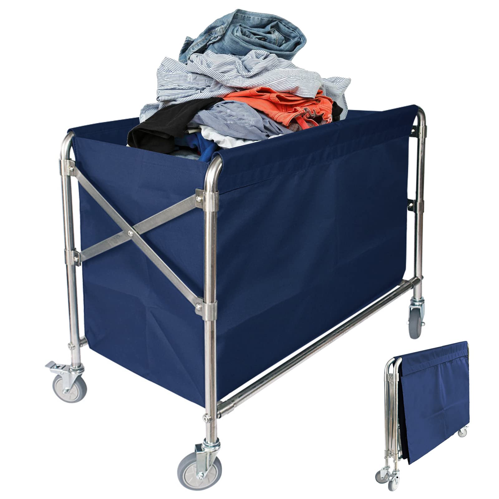 Photo 1 of Folding Laundry Cart Commercial Rolling Laundry Basket Trucks with Wheels 440lbs Load Capacity Stainless Steel Laundry Trolley Cart for Industrial/Home 34 * 21 * 31'' (Blue)