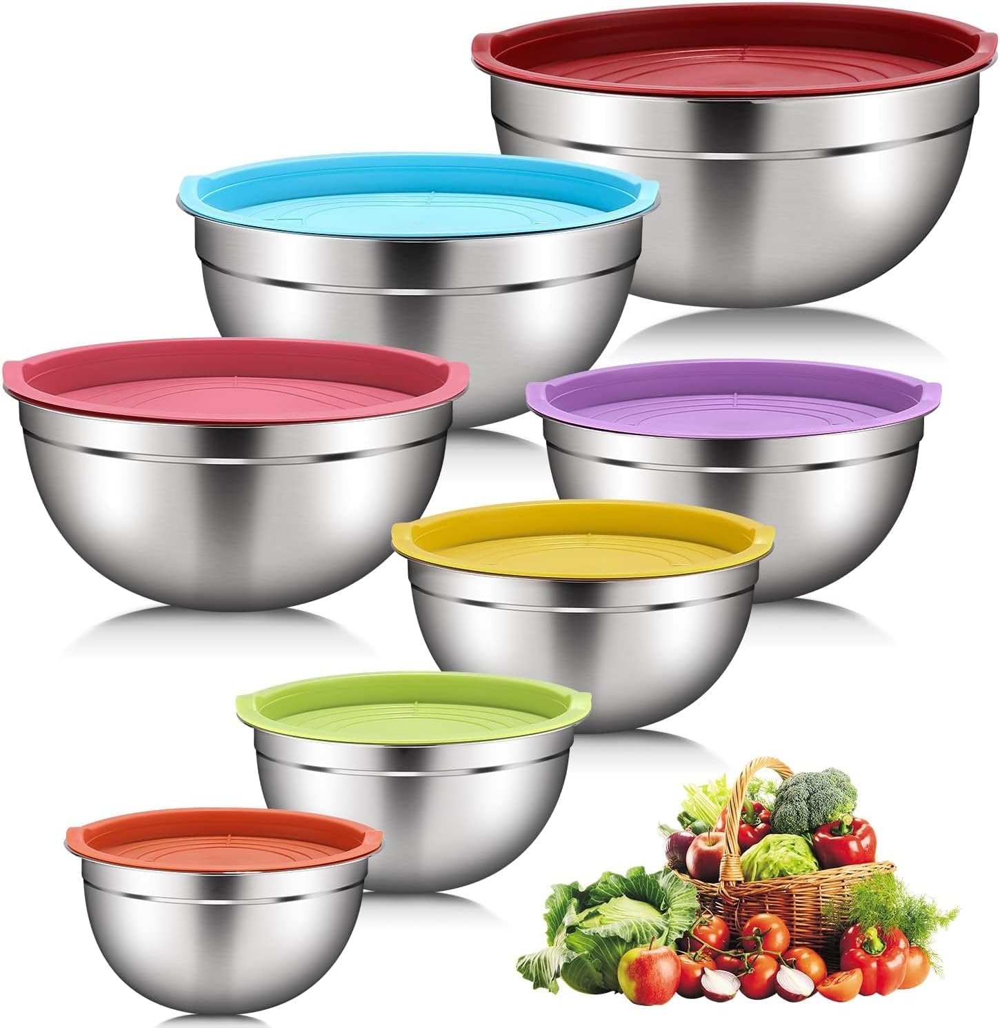 7 piezas Cuencos Mezcladores de Acero Inoxidable con Tapas hermética, juego de ensaladera, 4L/3.5/3L/2.5L/2L/1.5L/1L, Apilable, Cuenco Comida, Cuenco de Cocina para Mezclar y Servir