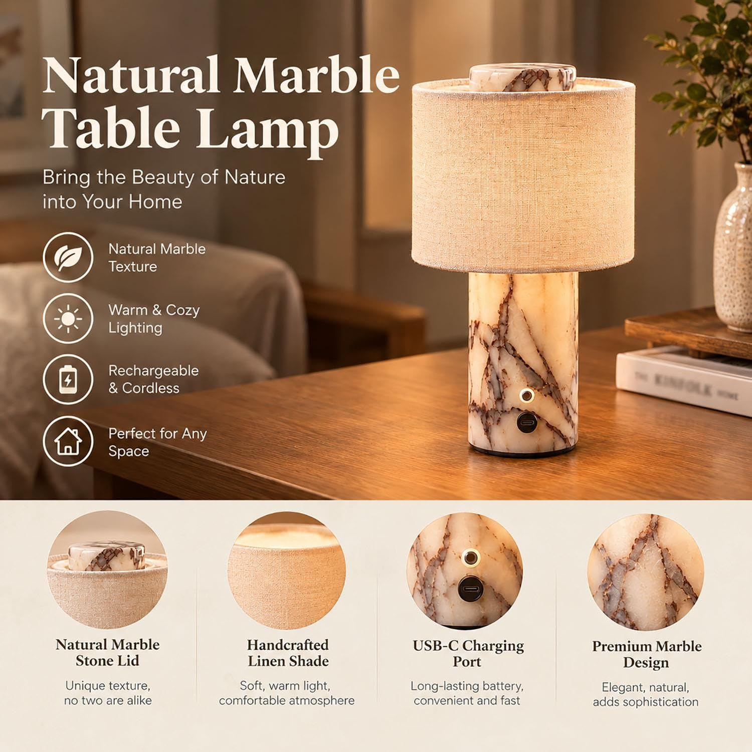 Lampada da tavolo in marmo con lampada d'ambiente con venature naturali