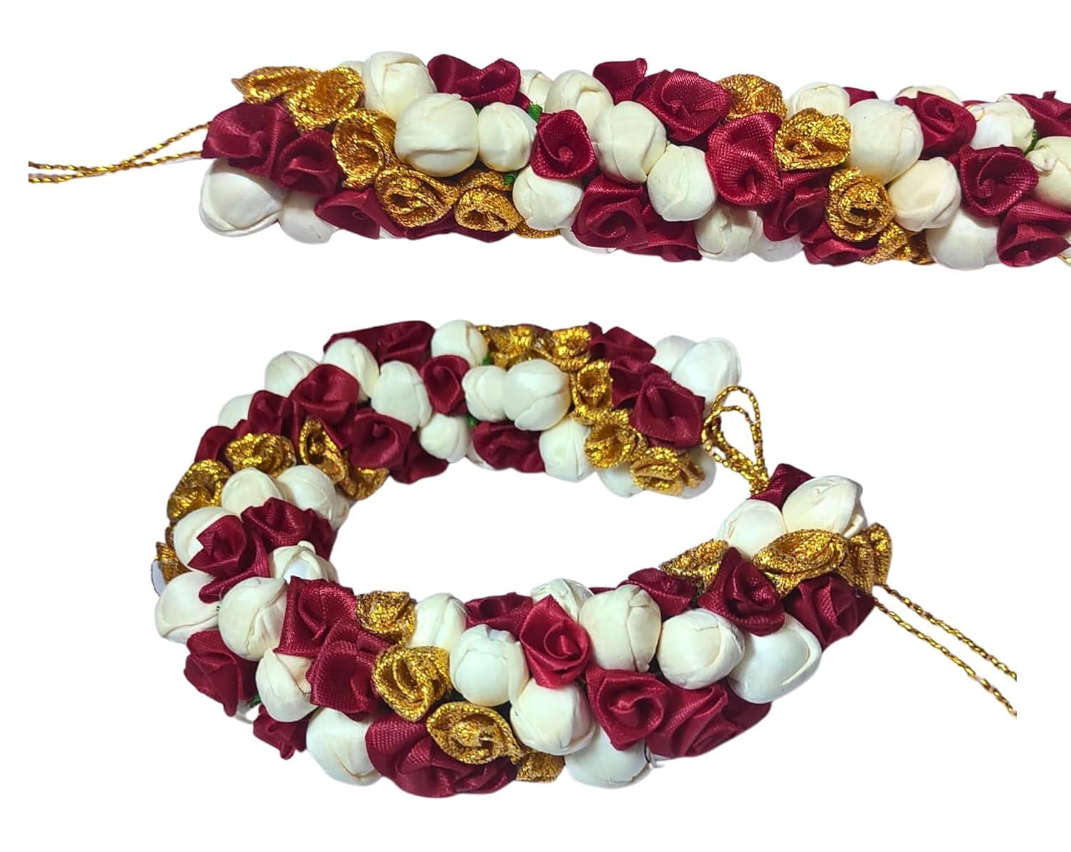 Gozby WellPoint White & Maroon Artificial Flower Gajra for Hair Bun | Reusable Silk Juda Gajra for Wedding, Temple, Pooja | Bridal Hair Accessory for Women & Girls