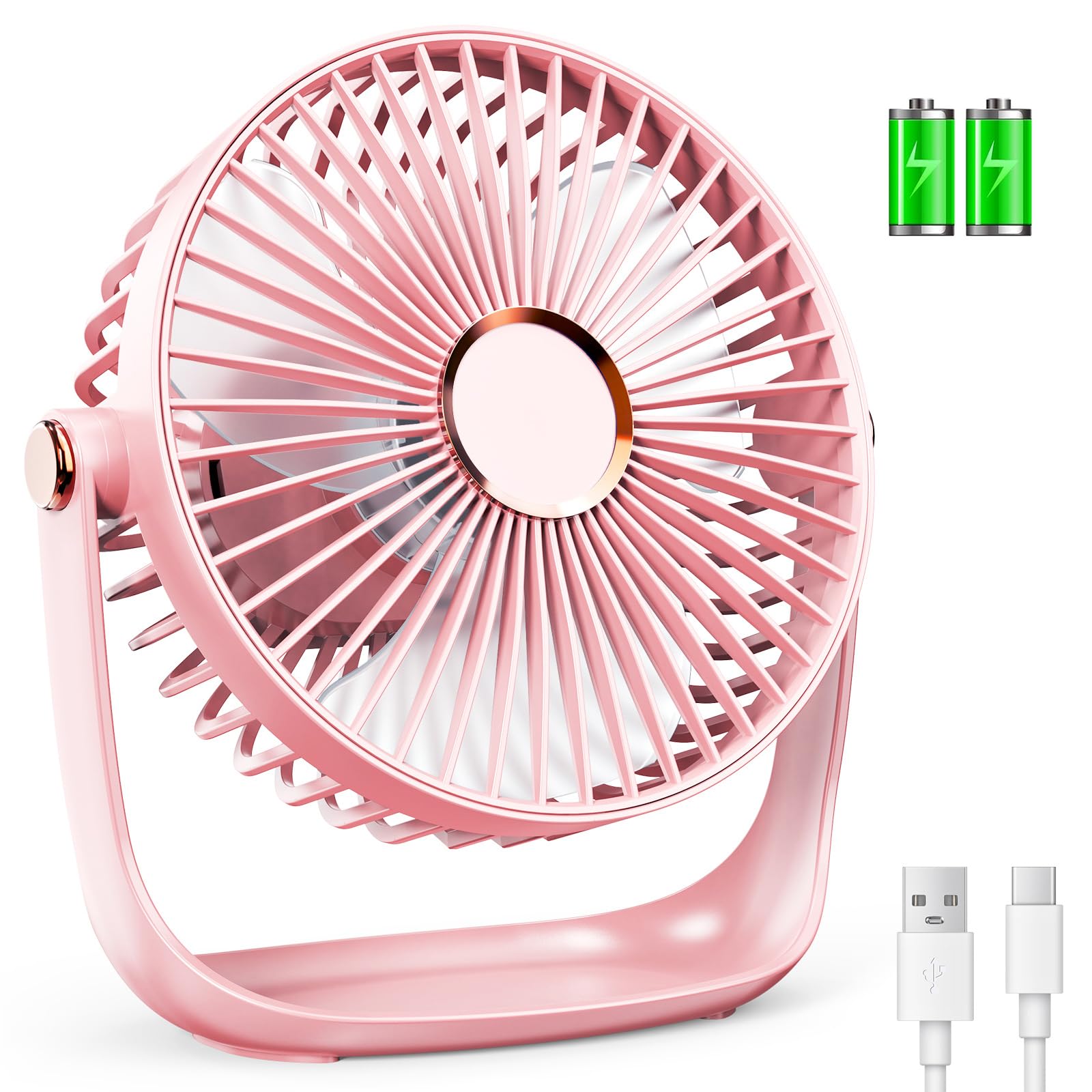 iNeibo Desk Fans,USB-type C 2400mAh Battery Powerful and Quiet Small Table Fan,360° Adjustment Mini USB Fan with LED light, Rechargeable and Silent Operation for Home,Office,School and Outdoor (Pink)