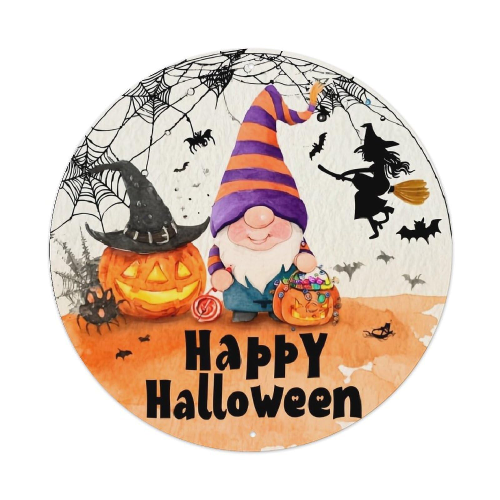 Halloween Gnome Pumpkin Witch Bat Vintage Round Tin Sign Retro Metal Wall Decor Metal Poster, Home Bar Garage Cafe Wall Art Decoration 8x8Inches