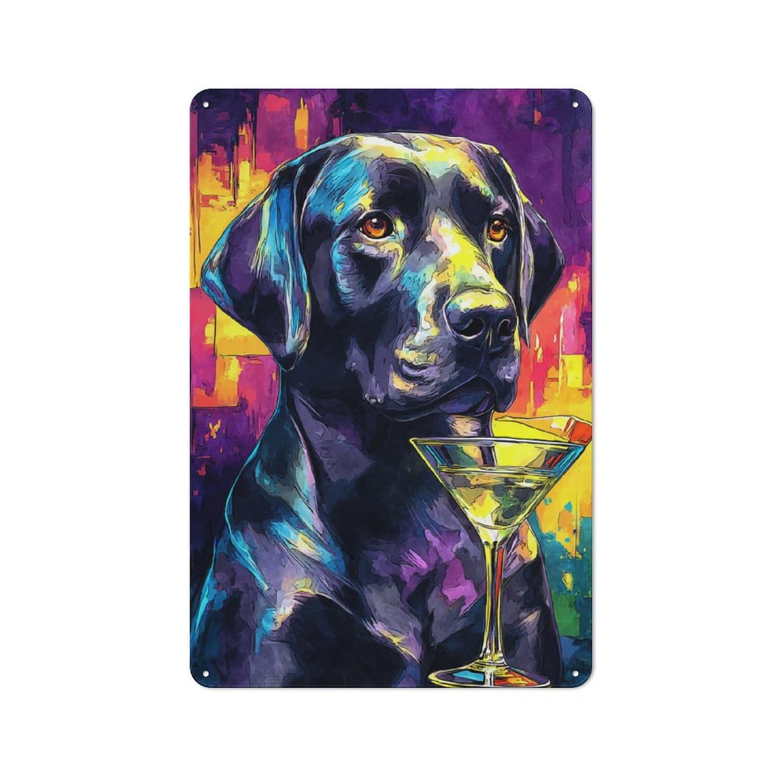 Junmoney Colorful Dog With Cocktail Glass Metal Wall Art Sign 30X20cm, Vintage Vintage Wall Decor For Lounge, Study, Pub Or Wall Gallery