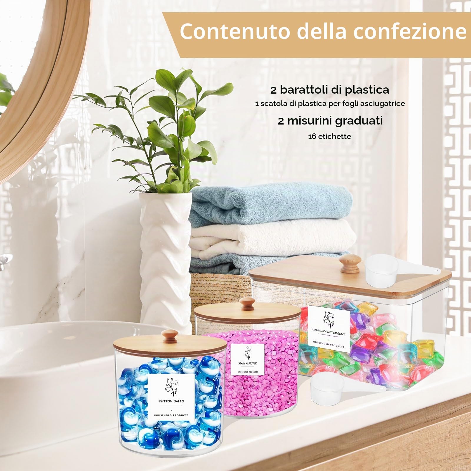 3 Pezzi Contenitore Detersivo Polvere, Dispenser Detersivo Lavatrice in Plastica, Dosatore Detersivo Lavatrice con Coperchio, con 16 Etichette ＆ 2 Misurini, per Bombe da Bagno, Cialde per Bucato
