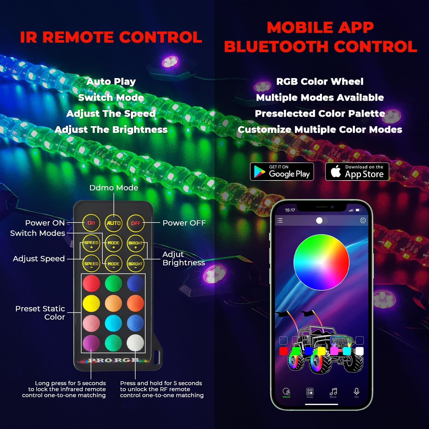 OHMU 2Pcs 3FT Led Whips and 3rd-Gen Rocks Lights Combo Bluetooth and Remote Control,Upgraded Higher Brightness 360° Spiral RGB Chasing Lighted Antenna Whips and Neon Pods