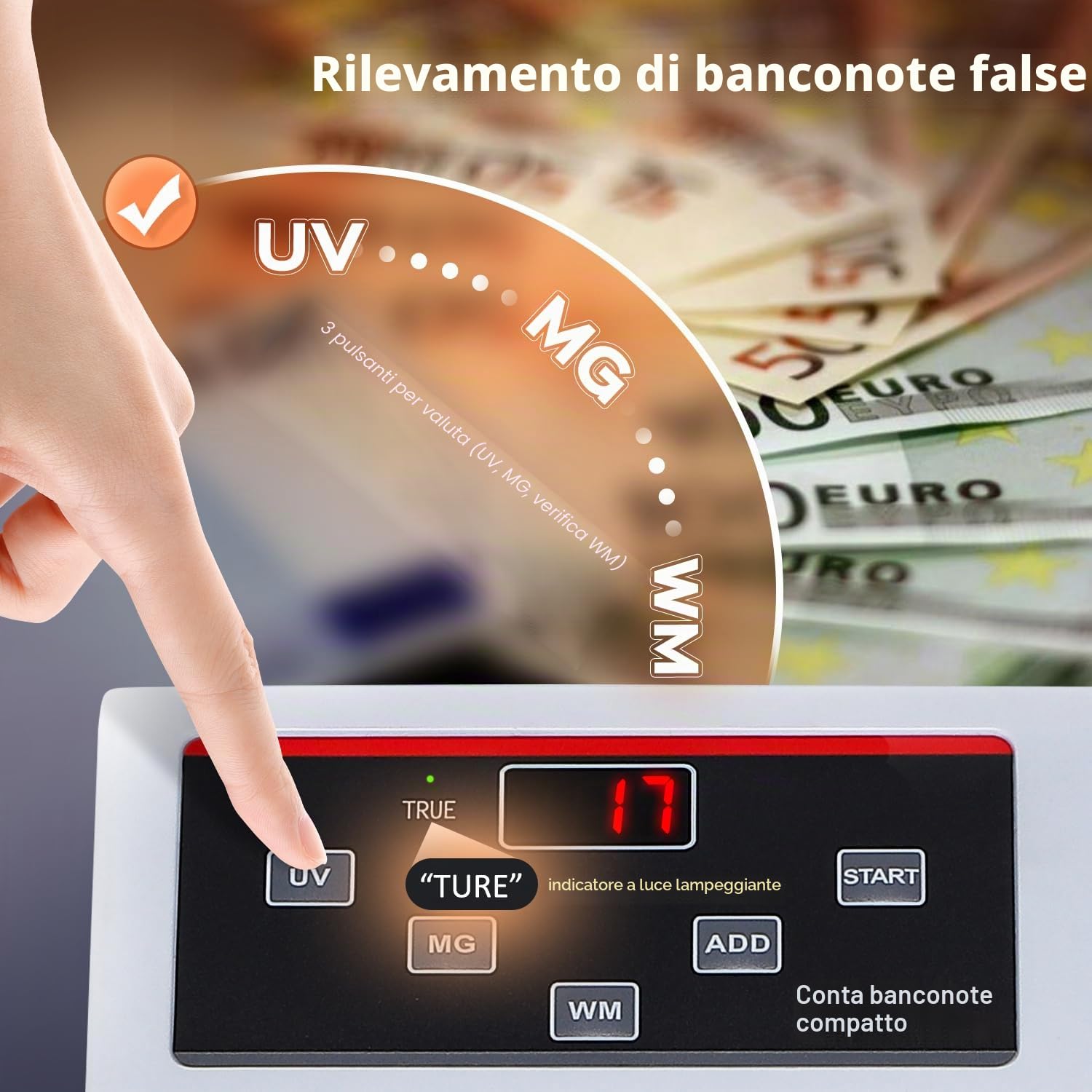 Bonvoisin Conta Banconote Portatile, Macchina Conta Soldi con Rivelazione di Falsi MG/UV/WM, 600 Pezzi/Min Contabanconote (Supporta Solo il Conteggio, Verifica Manuale Delle Banconote)