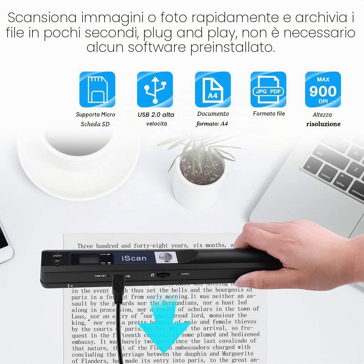 Scanner Per Documenti Portatile con Scheda TF da 16GB, 900 DPI Alta Risoluzione Mini Scanner, USB A4 a Colori iScan Document Image Scanners Supporto PDF/JPG