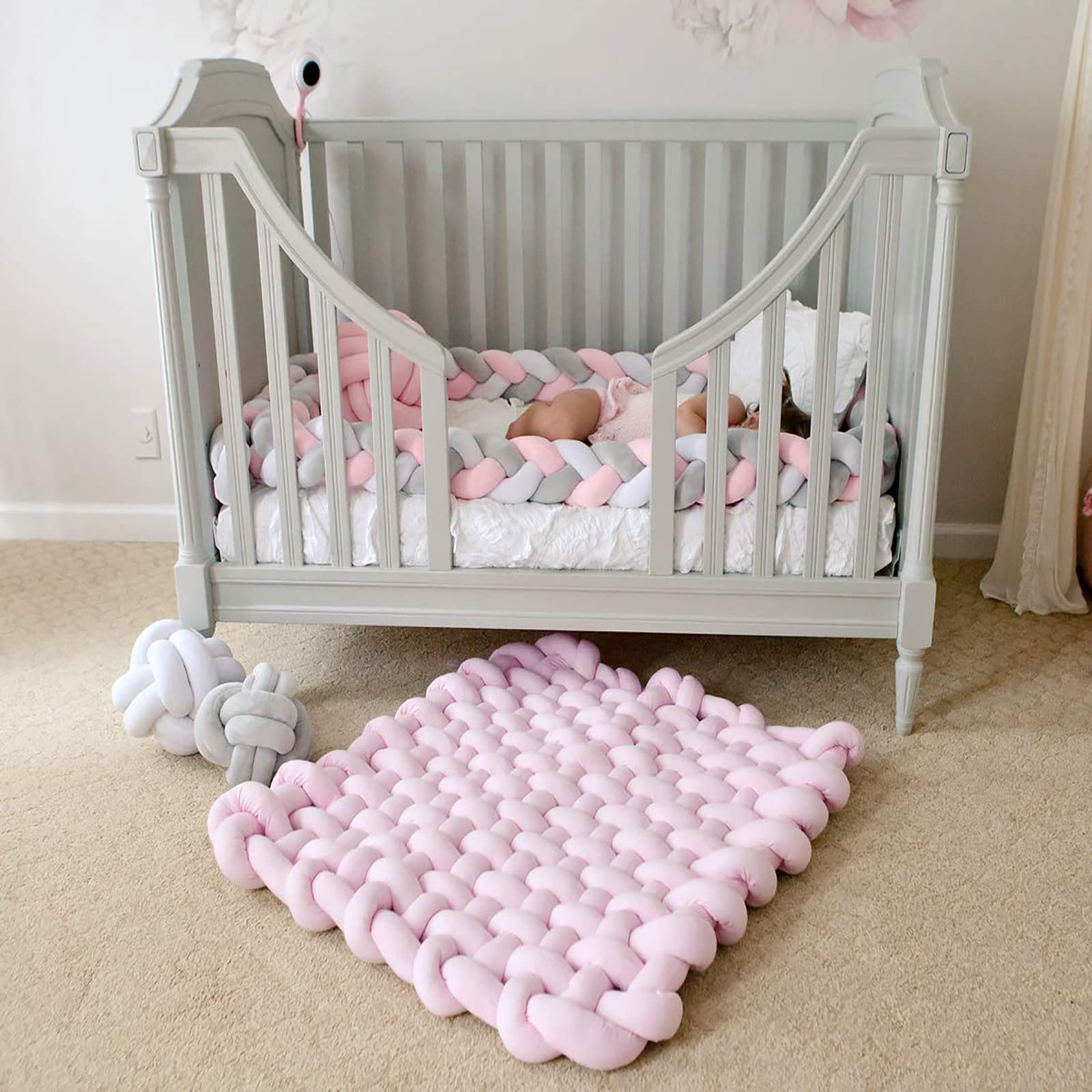 Tapis en Peluche Tressé Noué Tapis De Sol pour Tout-Petits Tapis De Jeu Tapis Rampant Épais pour Les Enfants Jouer Et Dormir Fait À La Main Plancher De Nœuds Mode Mignon,Light Pink