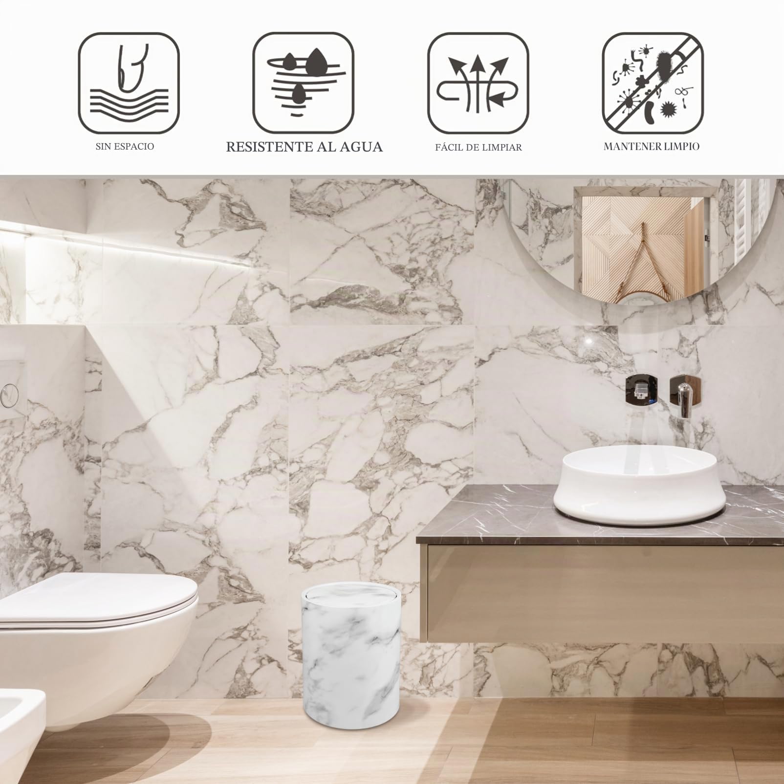 1pieza Papelera De Cocina De Imitación Mármol Tapa Oscilante Cubo De Para Baño y Diseño y