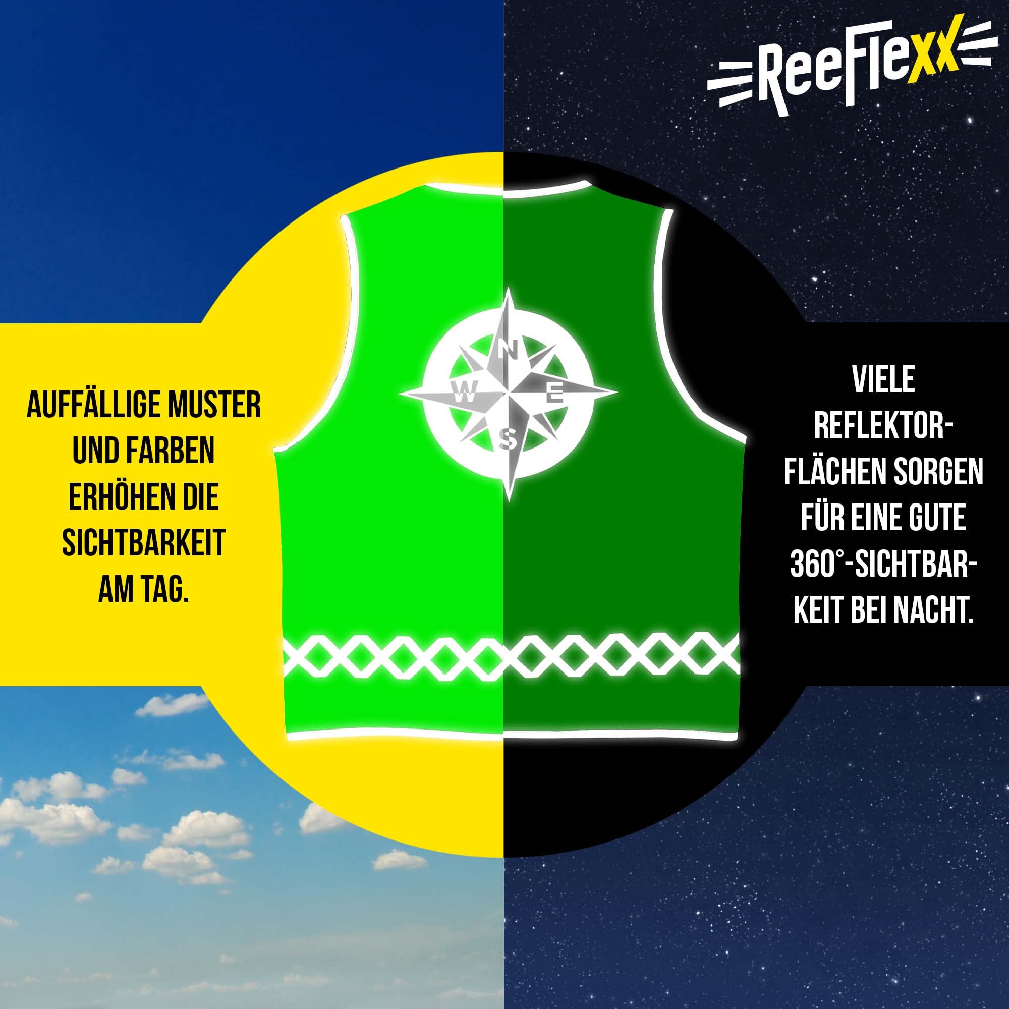REEFLEXX Gilet réfléchissant pour homme avec adaptateur de taille Gilet réfléchissant pour plus de visibilité dans la circulation routière grâce aux réflecteurs, couleurs et motifs Boussole verte