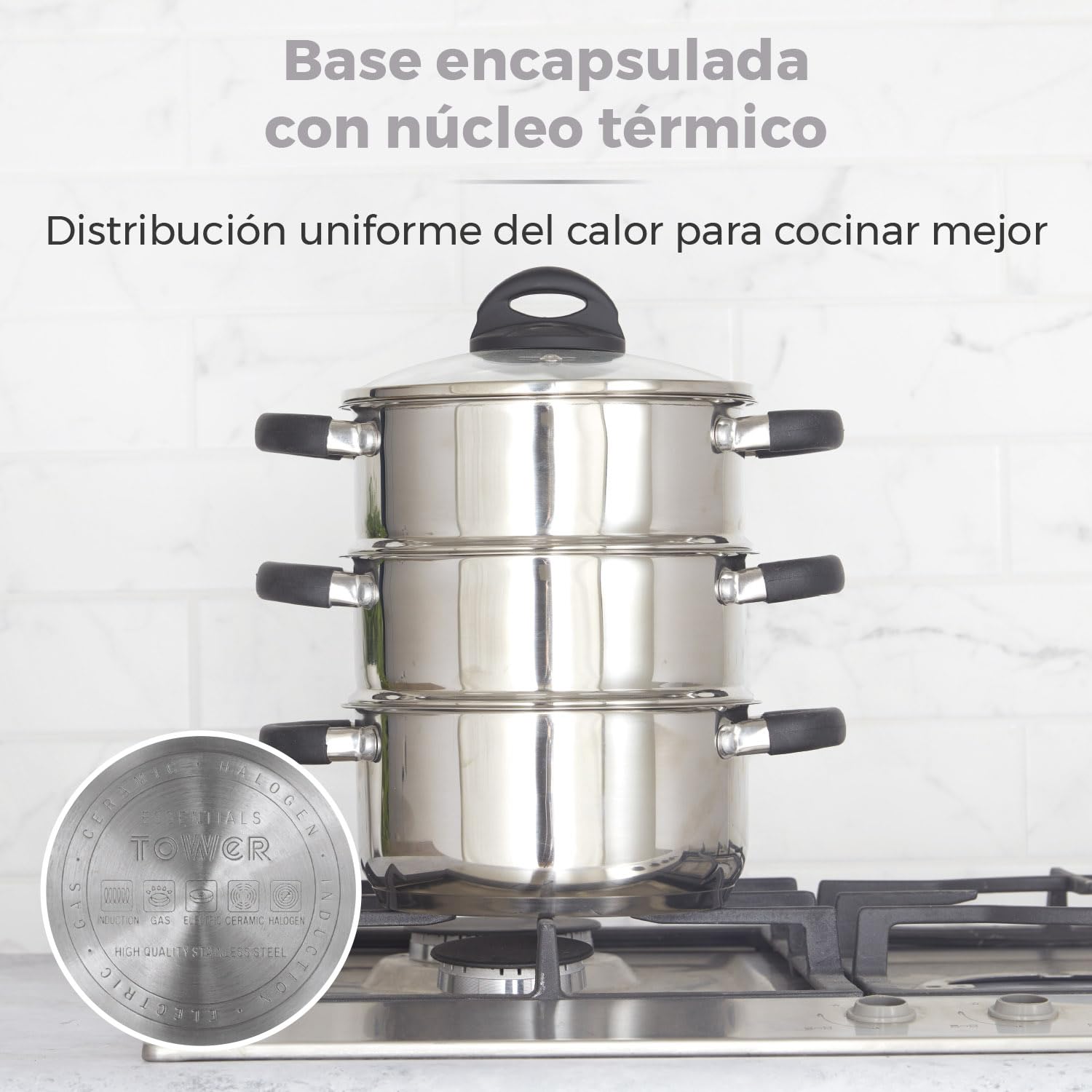 Tower Essentials T80836 Olla de Acero Inoxidable Pulido para Cocinar al Vapor de 3 Niveles con Tapa de Cristal – Cacerola para Inducción con Asas de Silicona – 18 cm