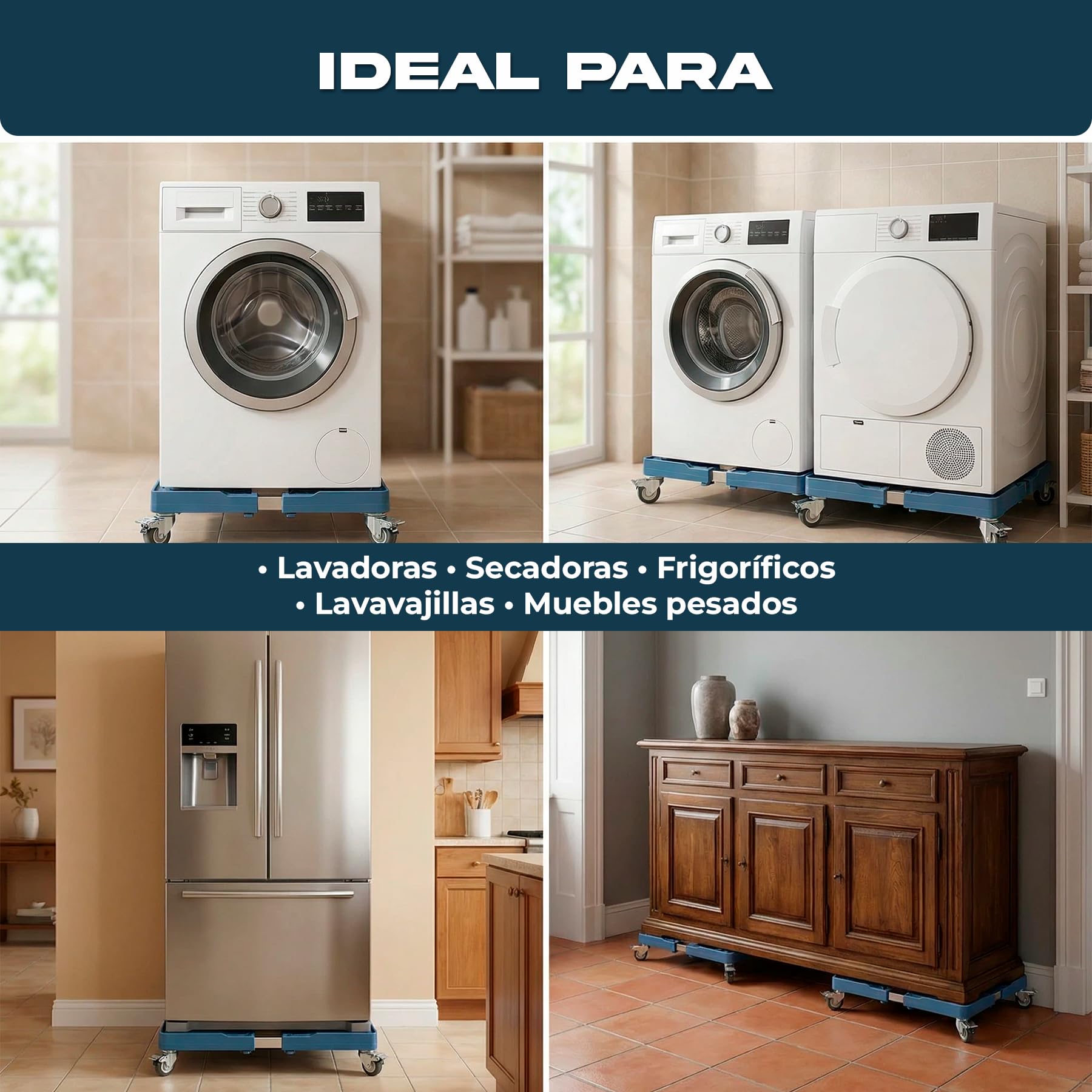 Base Regulable Carro para Lavadora con Ruedas Cia&Co – Soporte Ajustable 42,5–65 cm – Plataforma Móvil profesional hasta 300 kg – Para Frigorífico, Secadora y Electrodomésticos (BASE + 4 RUEDAS)