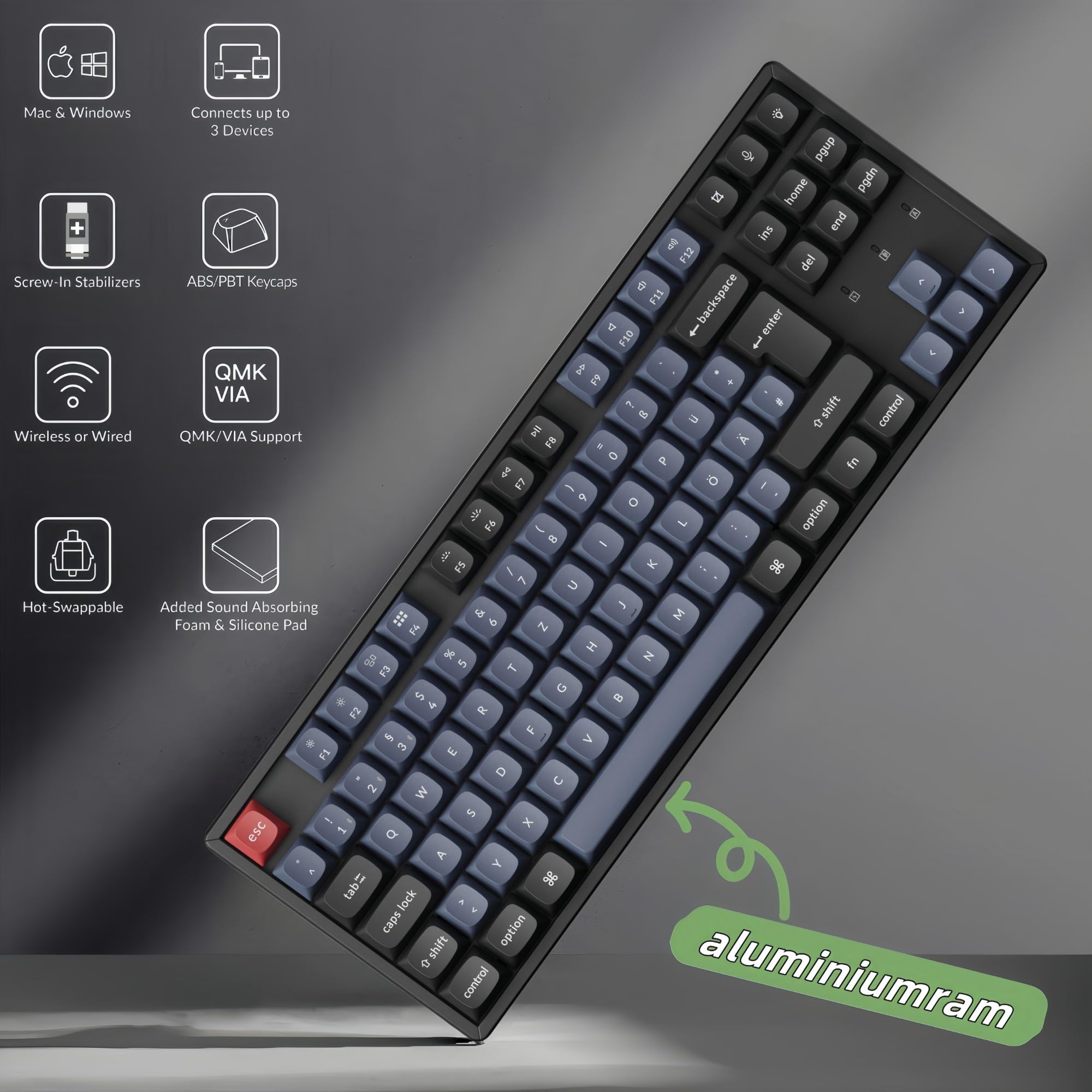 Keychron K8 Pro QMK/VIA Custom Wireless Mechanische Tastatur, Hot-Swap Aluminiumrahmen TKL ISO-DE-Layout Programmierbare Tastatur RGB-Hintergrundbeleuchtung,Gateron G Pro Roter Switch