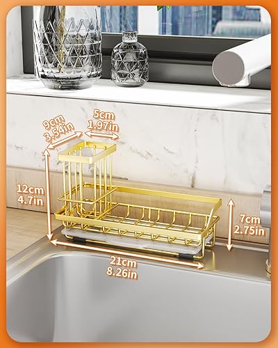 Miniatura 7 de SWTYMIKI Organizador de fregadero de cocina con soporte para cepillos desmontable, soporte de esponja de acero inoxidable con bandeja de goteo