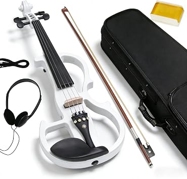Silent Electric Solid Wood Violin Kit with Ebony Fittings in White Metallic Varnish - Full Size 4/4 Electric Violin for Beginner and Professional Musicians