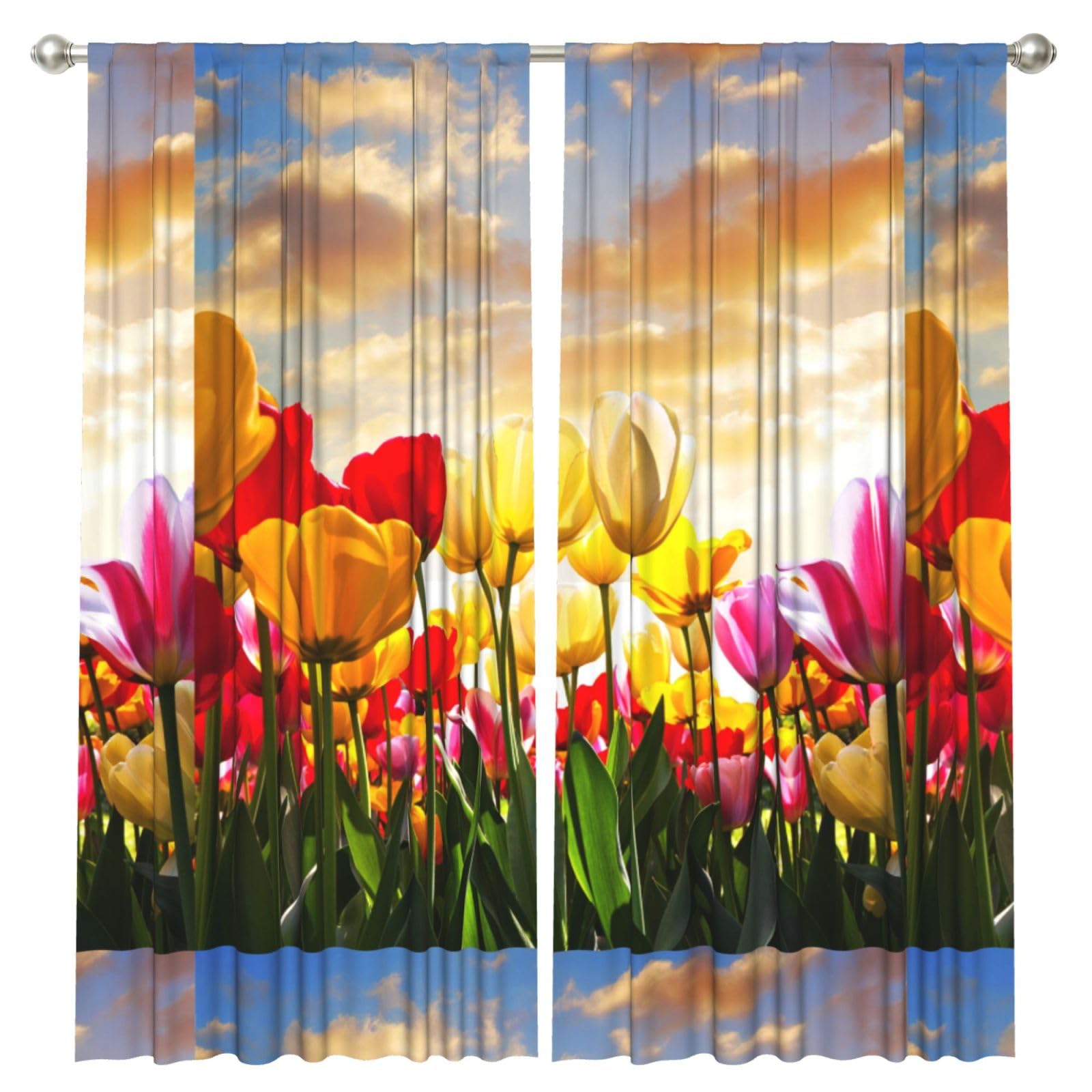InOmak Tulip Flower Sunset, 2 Panels Window Curtains 52 x 84 Inch Blackout Curtains for Living Room Bedroom