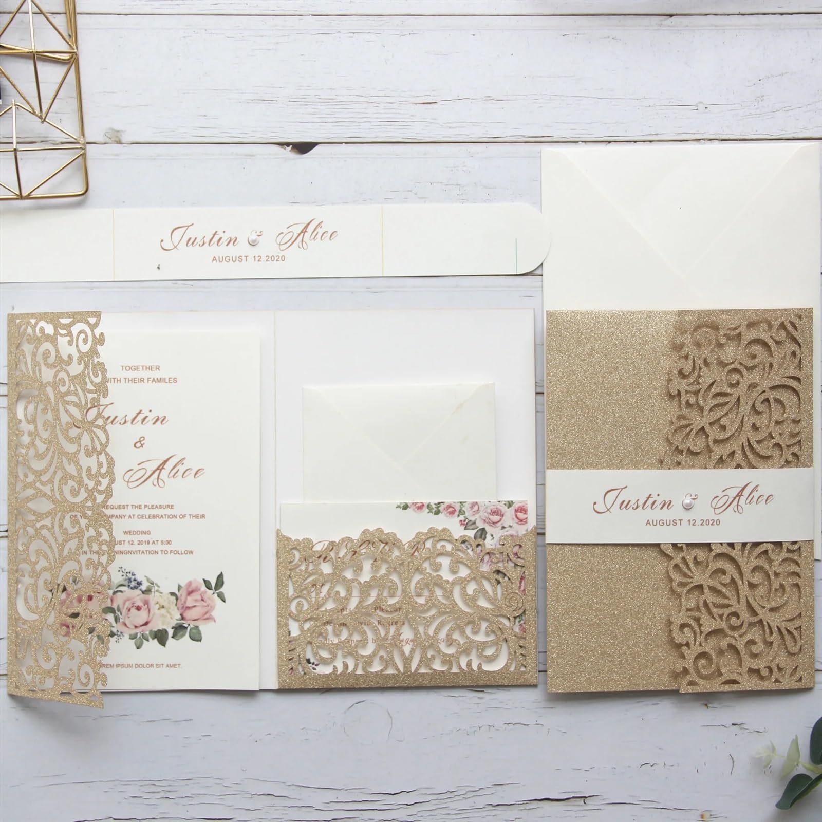 Hochzeitseinladungen Karte Drucken Sie benutzerdefinierte, lasergeschnittene Hochzeitseinladungskarten mit glitzerndem Einladungsset und dreifach gefalteten Tascheneinladungen mit Umschlag Hochzeitska