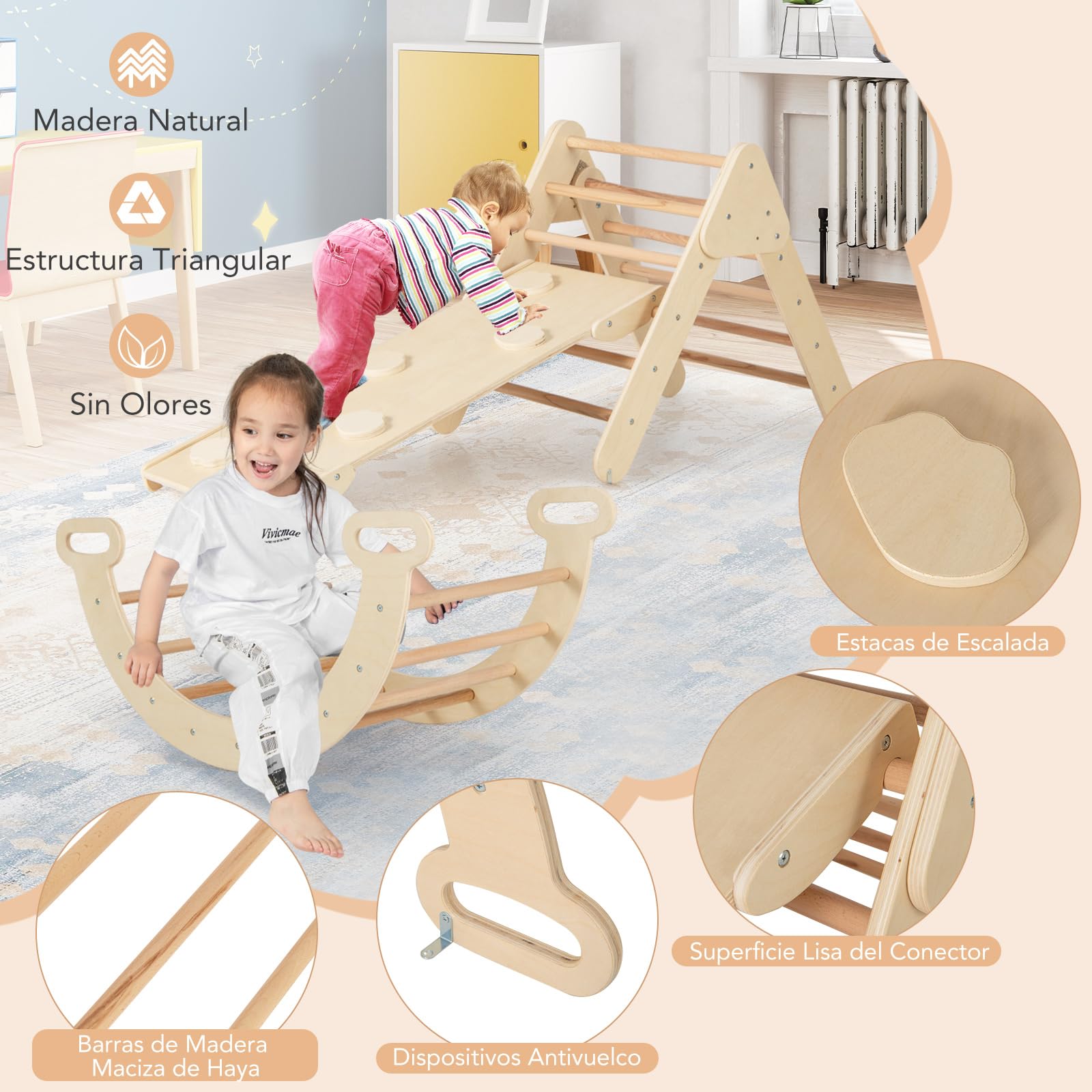 COSTWAY 7 en 1 Triángulo de Escalada de Madera para Niños, Juego de Escalada con Triángulo/Arco/Rampa para Deslizarse o Escalar, Set de Escalada Montessori para Niños 1+ Año, Natural (Ancho 55cm)